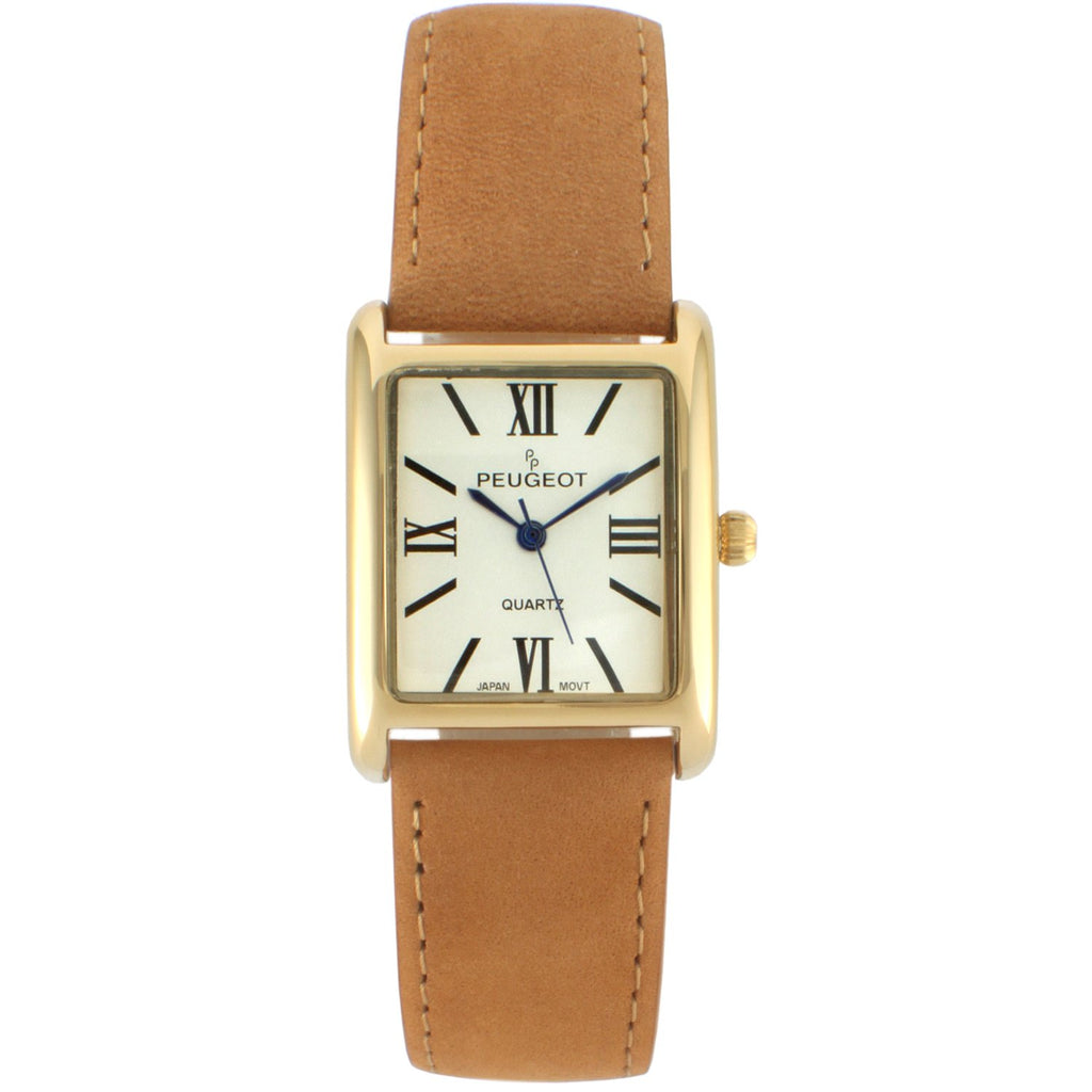 Women Tank Shape Watch With Genuine Brown Suede Leather Strap