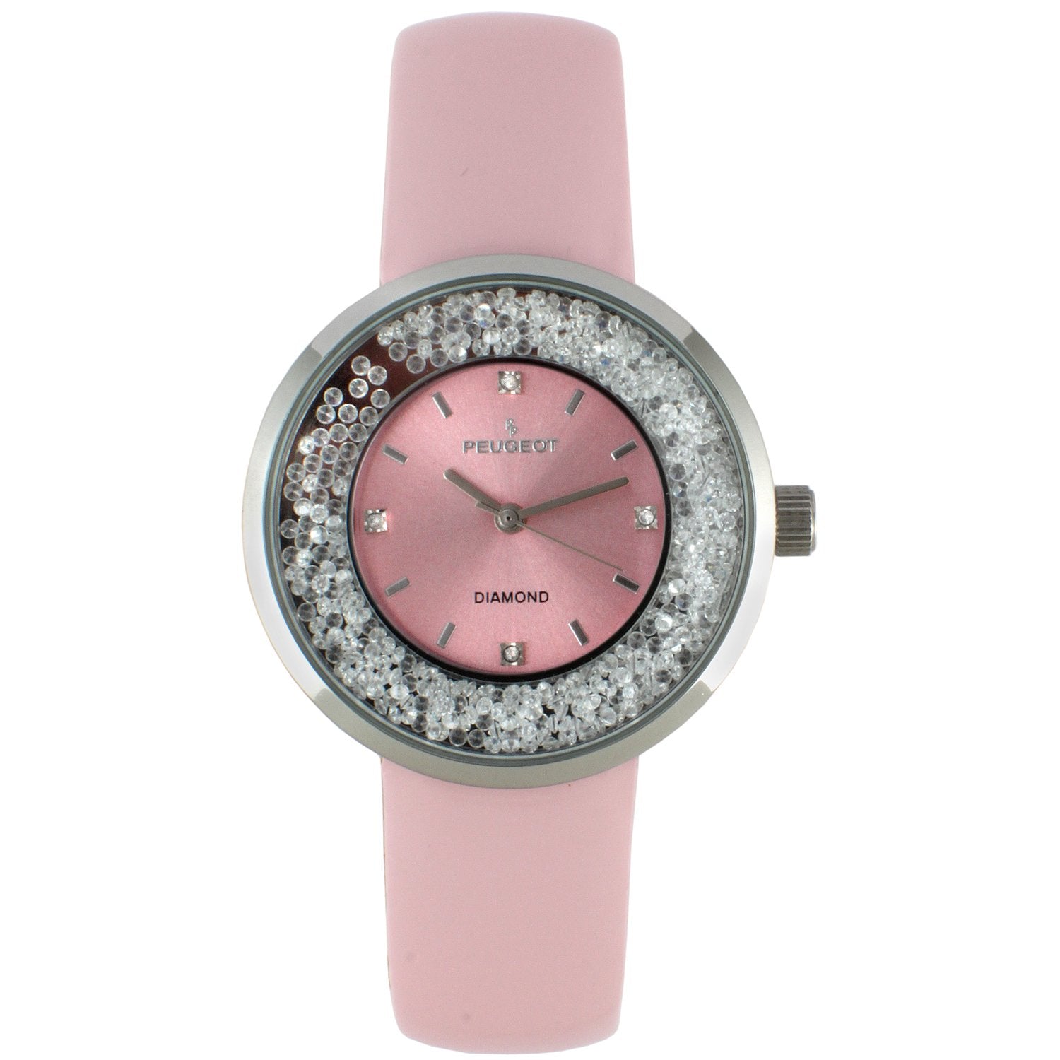 women 38mm round watch pink face with 350 floating cz in bezel and diamond markerson dial