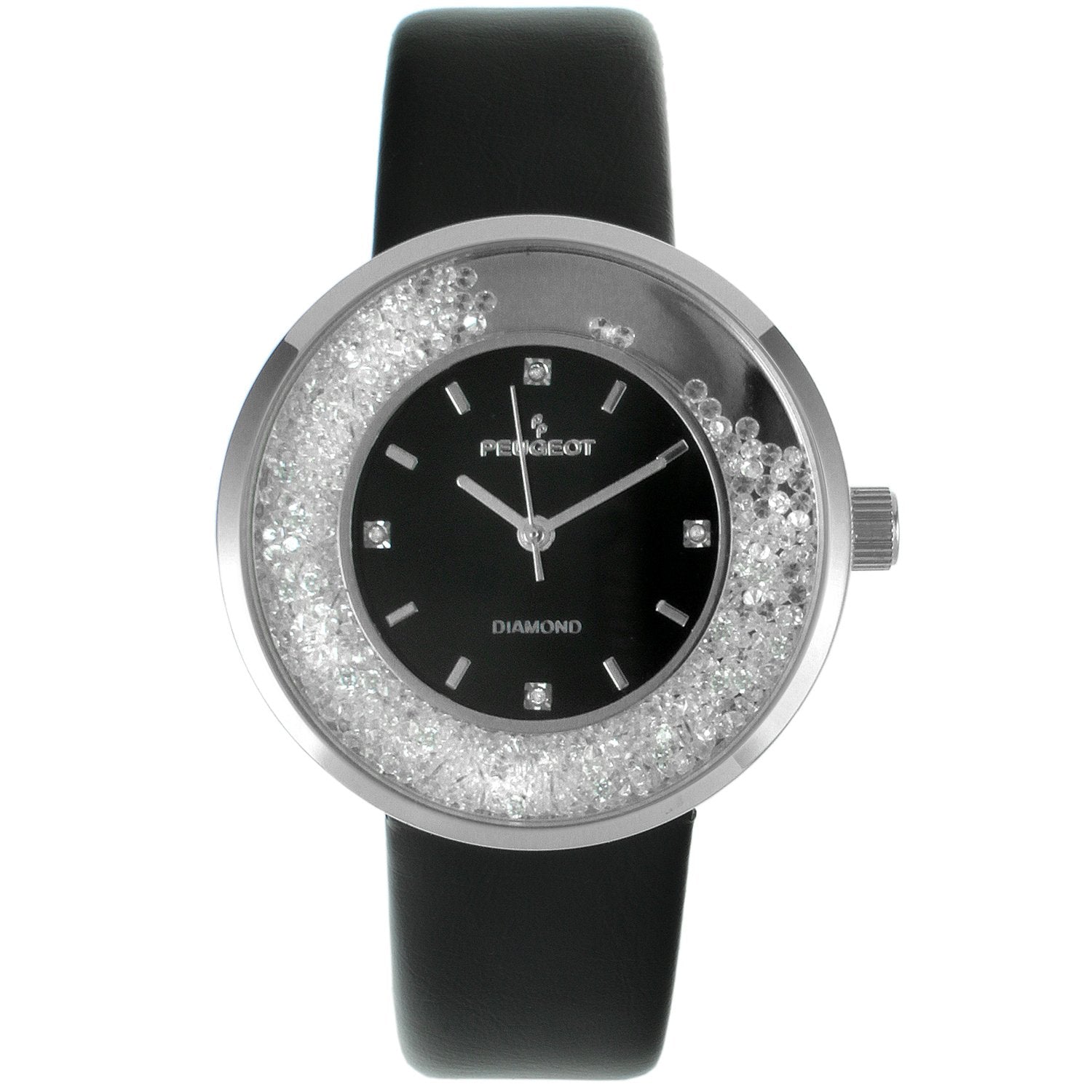 women 38mm round watch black face with 350 floating cz in bezel and diamond markerson dial