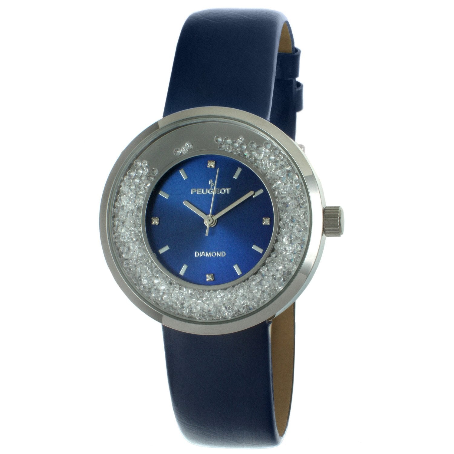 women 38mm round watch blue face with 350 floating cz in bezel and diamond markerson dial