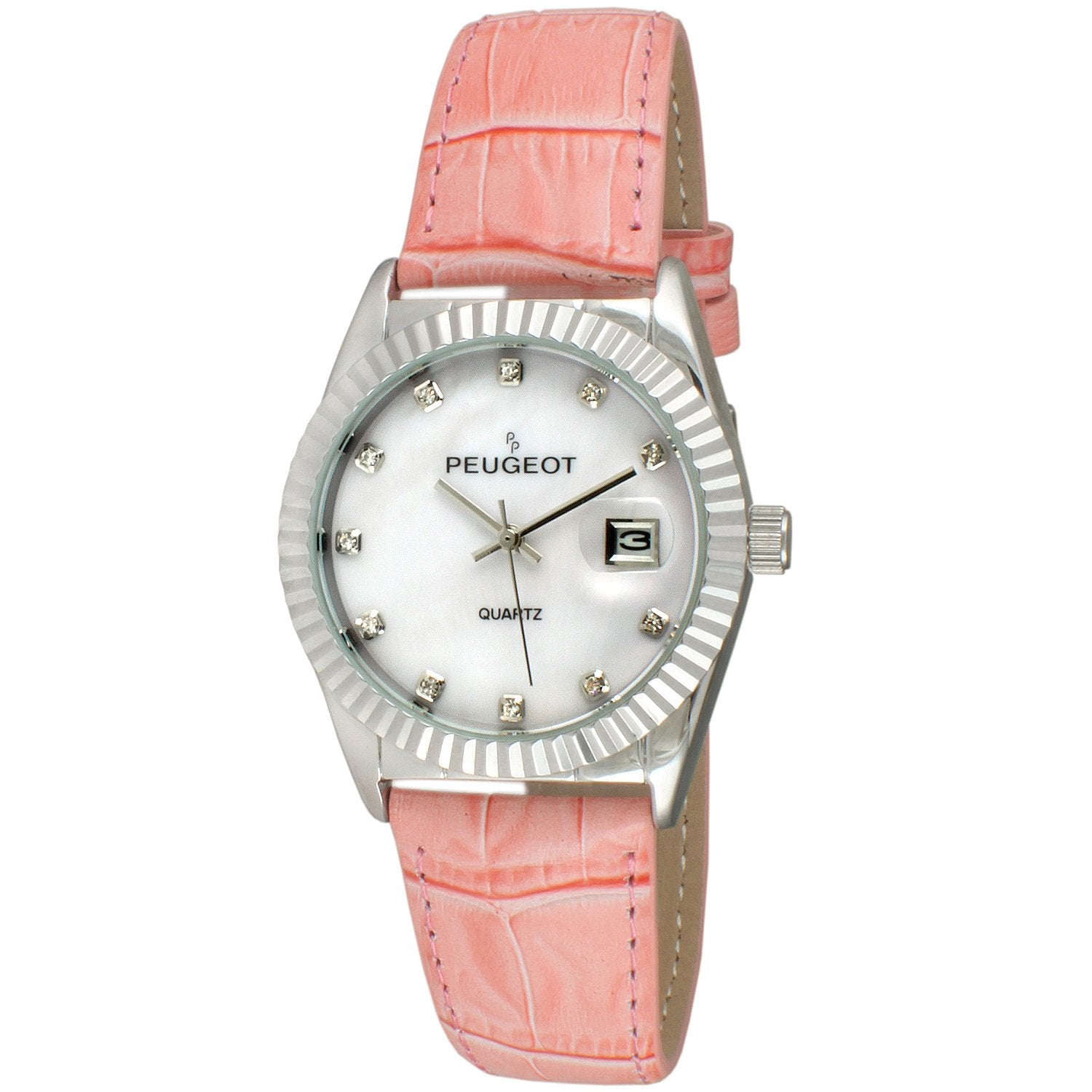 woman 36mm round face watch, with silver fluted bezel, crystal markers and date, with a pink leather strap