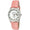 woman 36mm round face watch, with silver fluted bezel, crystal markers and date, with a pink leather strap