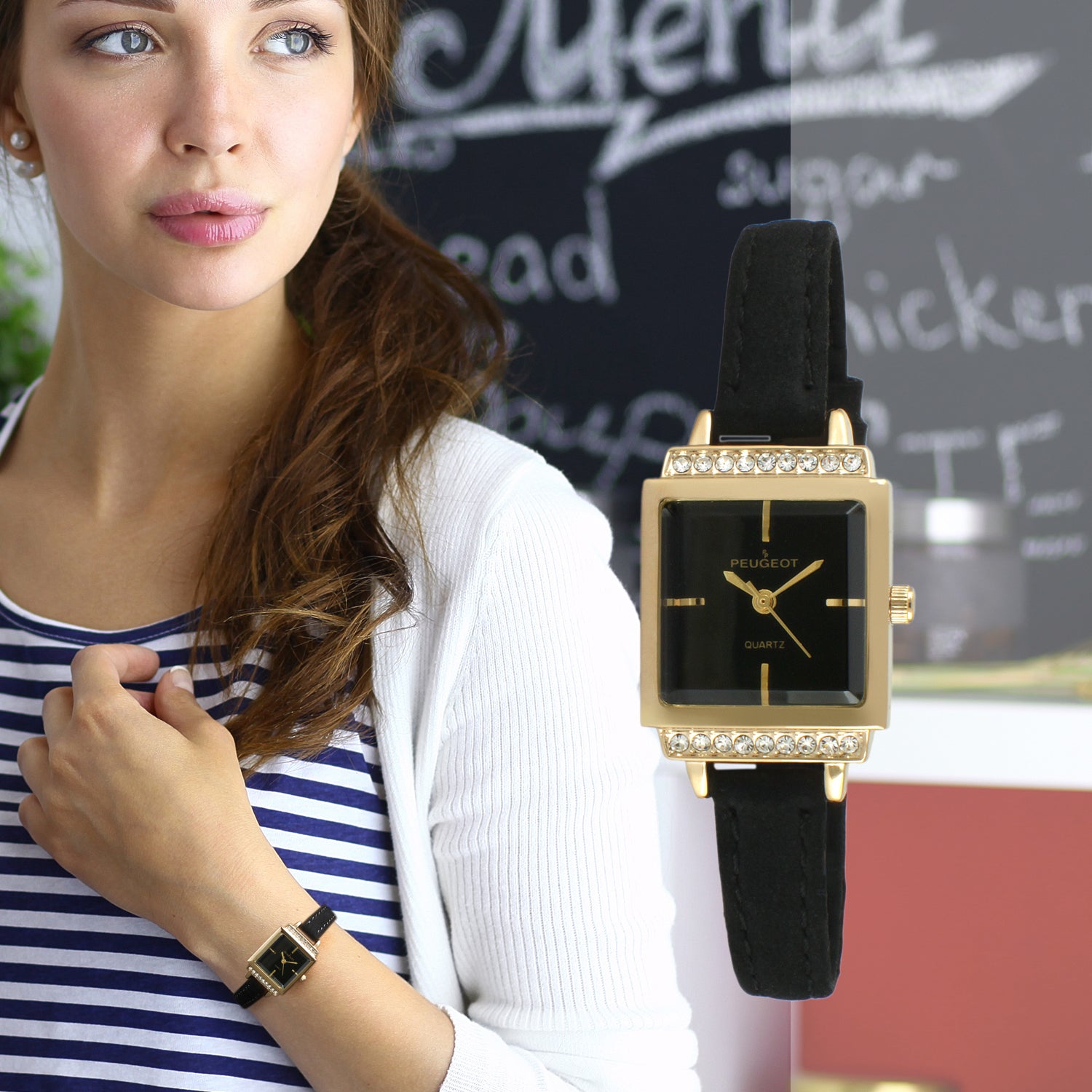 Women's 22mm Gold Crystal Watch With Black Dial & Tan Strap