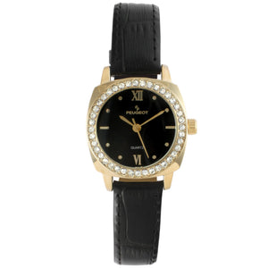 woman 28mm watch with crystal bezel and black face, gold plated black leather strap