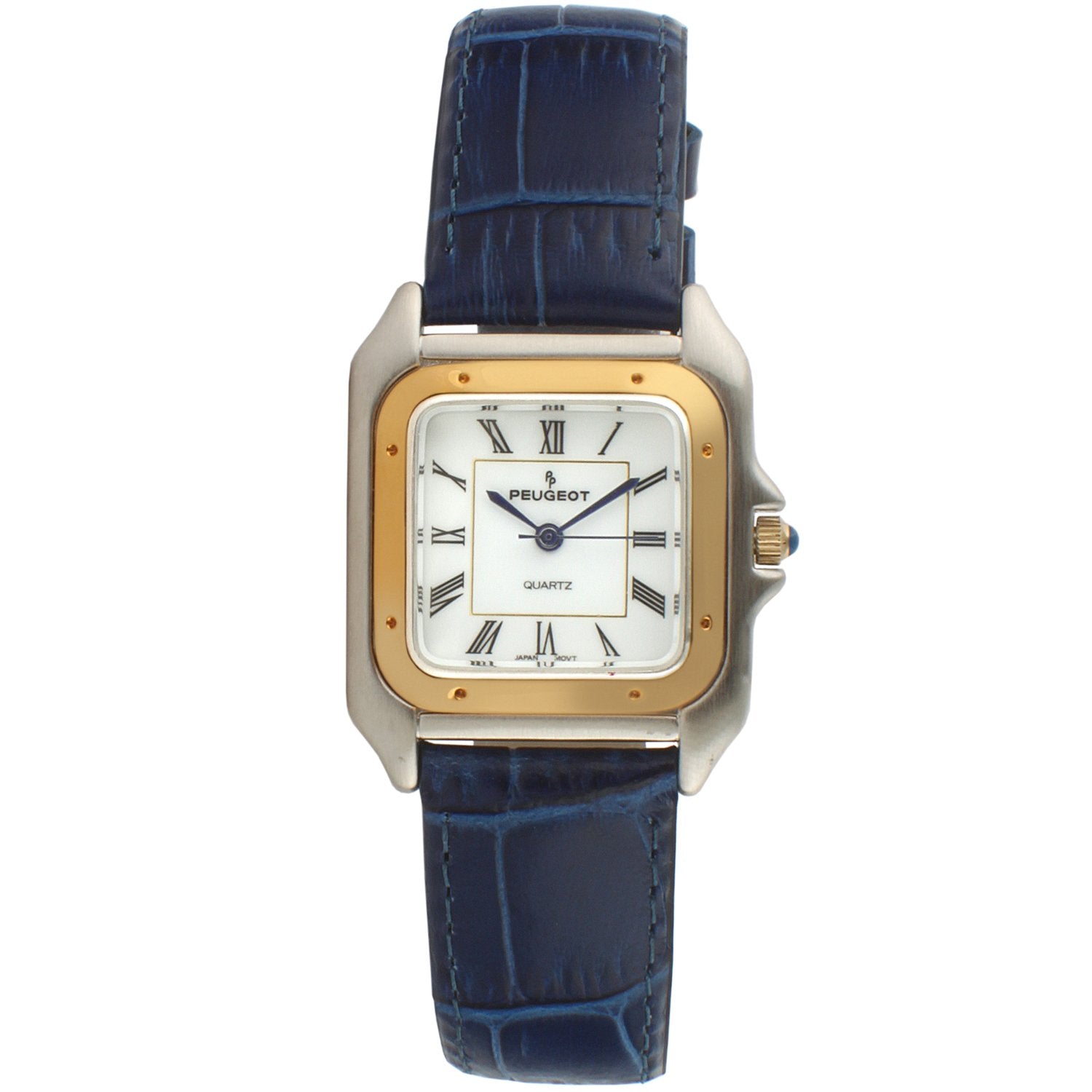 Women 36mm Tank shape watch with silver trim and a gold bezel. White face with roman numerals and a blue leather strap