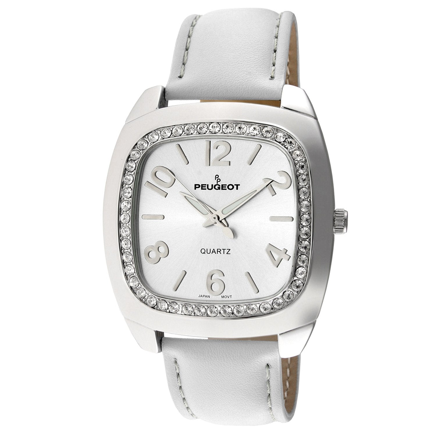 Woman 42mm Square face watch with A Crystal bezel and silver trim. White face with silver numbers and a white leather band