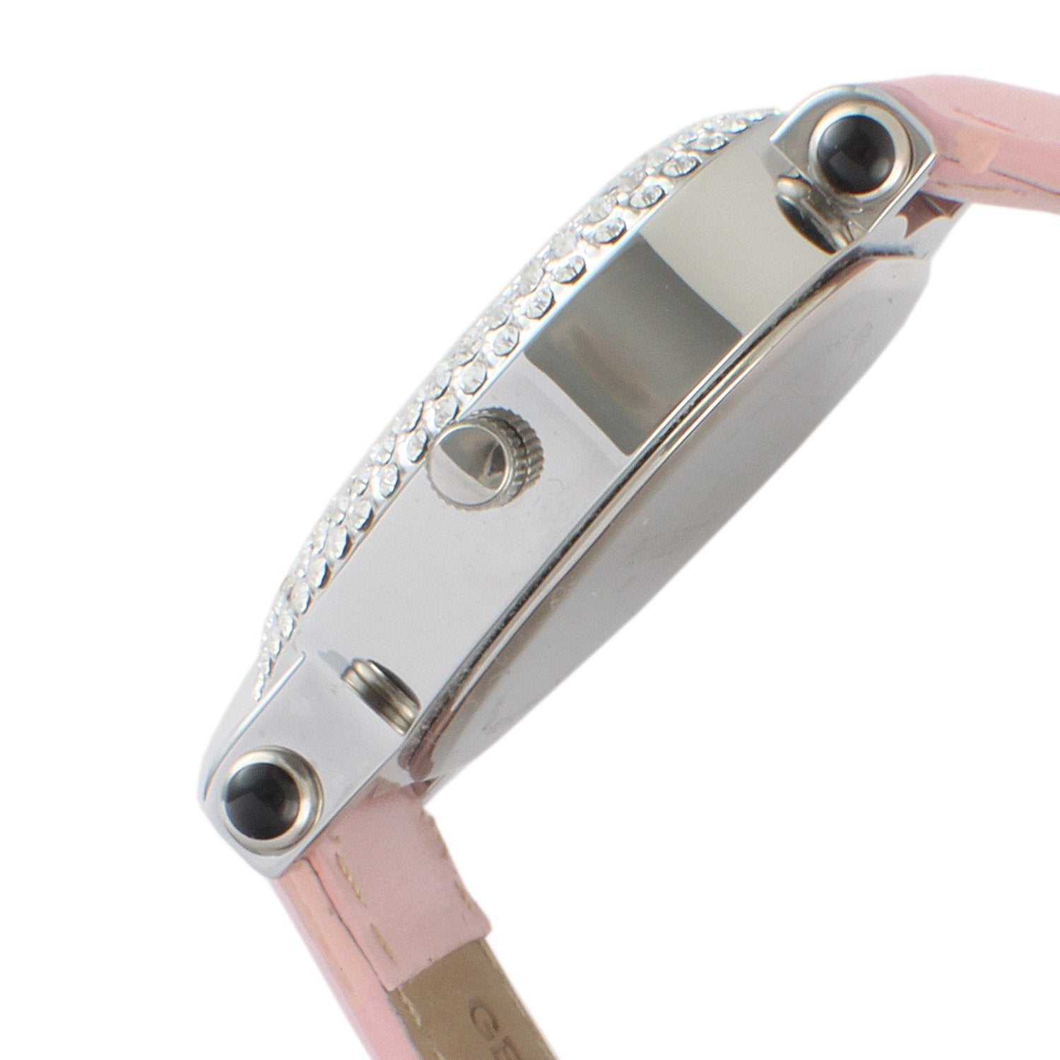 Women 38mm silver heart shape large watch bezel studded with pavet crystal large easy to read roman numerals pink strap