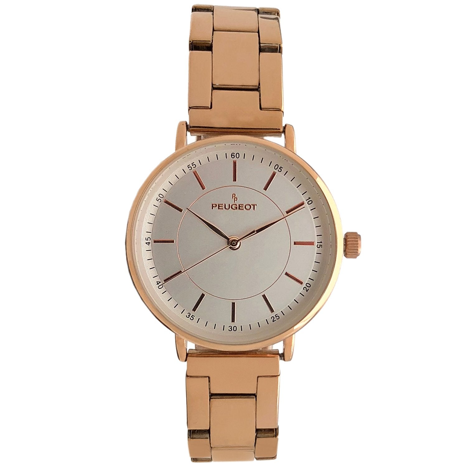 Women 30mm round face watch with gold trim and a gold plated bracelet