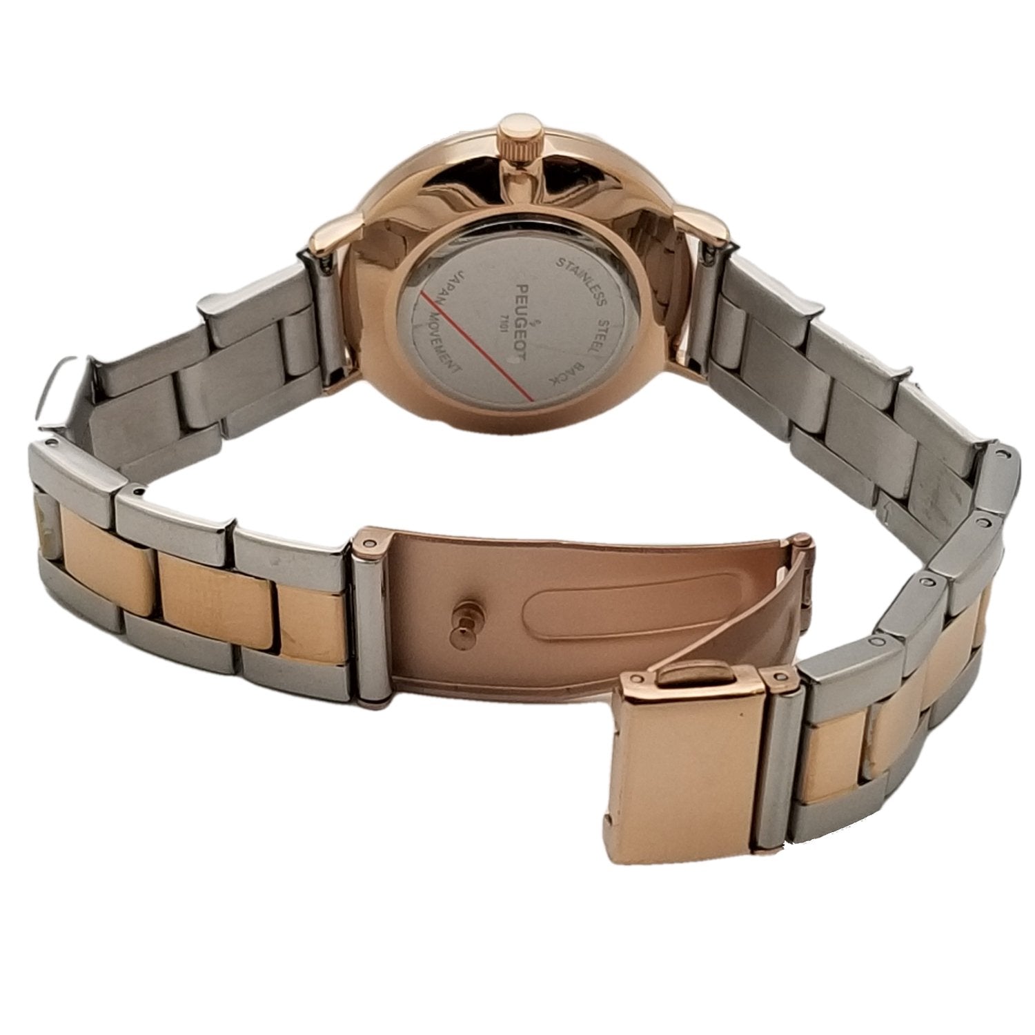 Women 30mm round face watch with gold trim and a two-tone bracelet