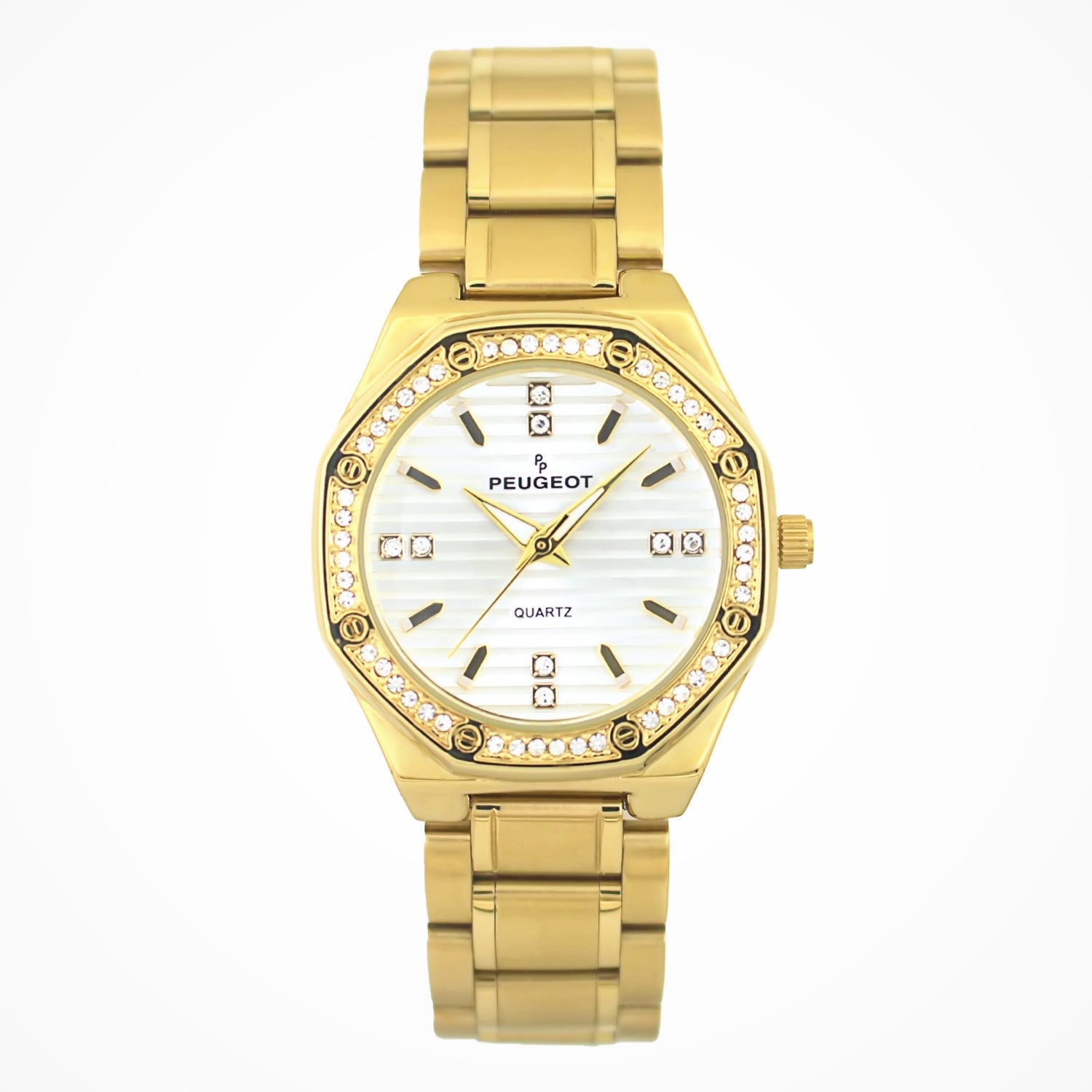 women 32mm gold plated hex shape watch with crystals on bezel with silver dial stainless steel bracelet