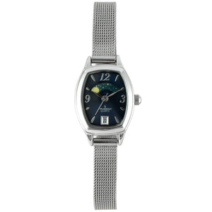 womens 30x20mm sun and moon phase watch with blue face and stainless steel mesh strap and date