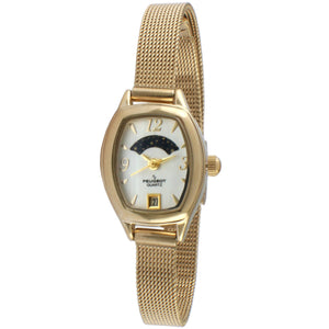 women 30x20mm gold plated sun and moon phase watch with white face and gold plated mesh strap and date