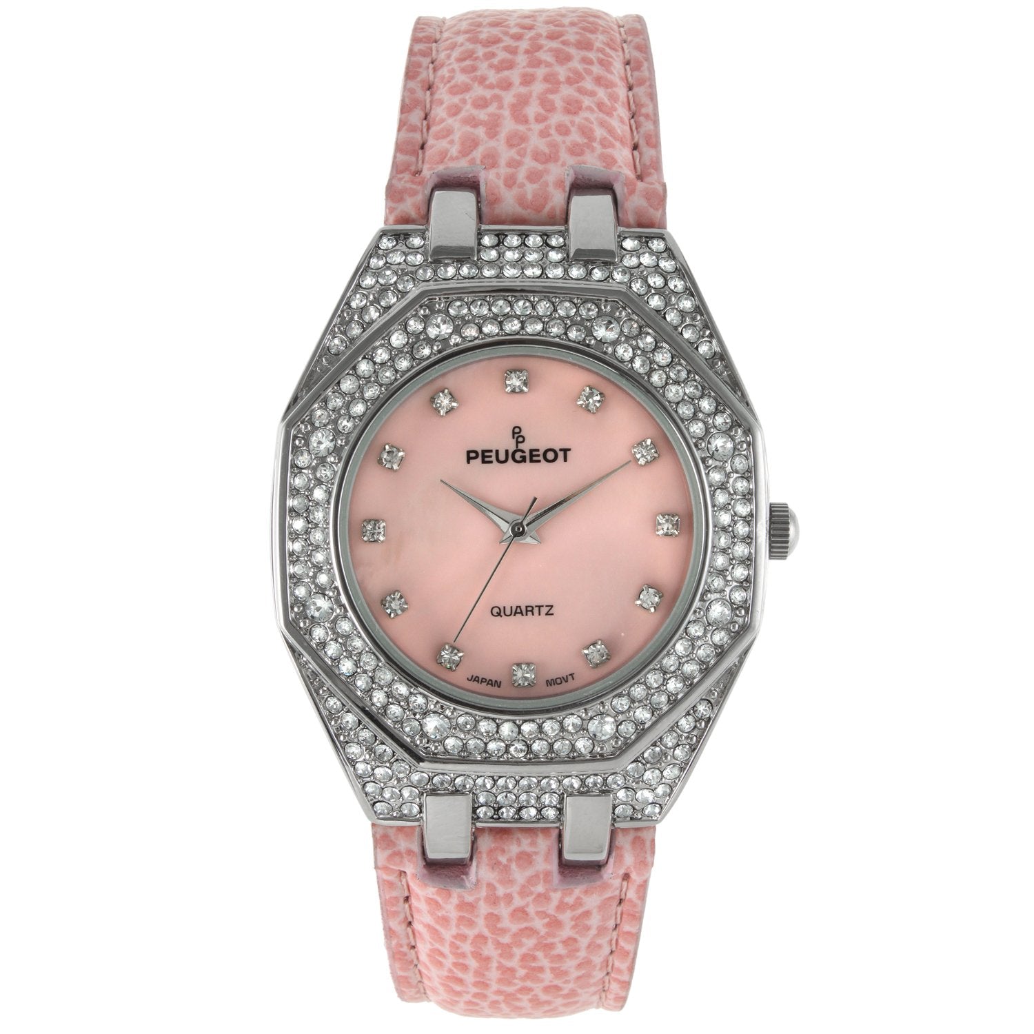 Women 37mm Boyfriend watch with silver trim and crystal bezel and crystal hour markers on a pink face paired with a Pink leather band