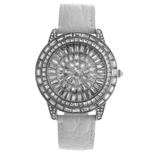 Women's Silver Crystal Couture Watch with White Leather Band