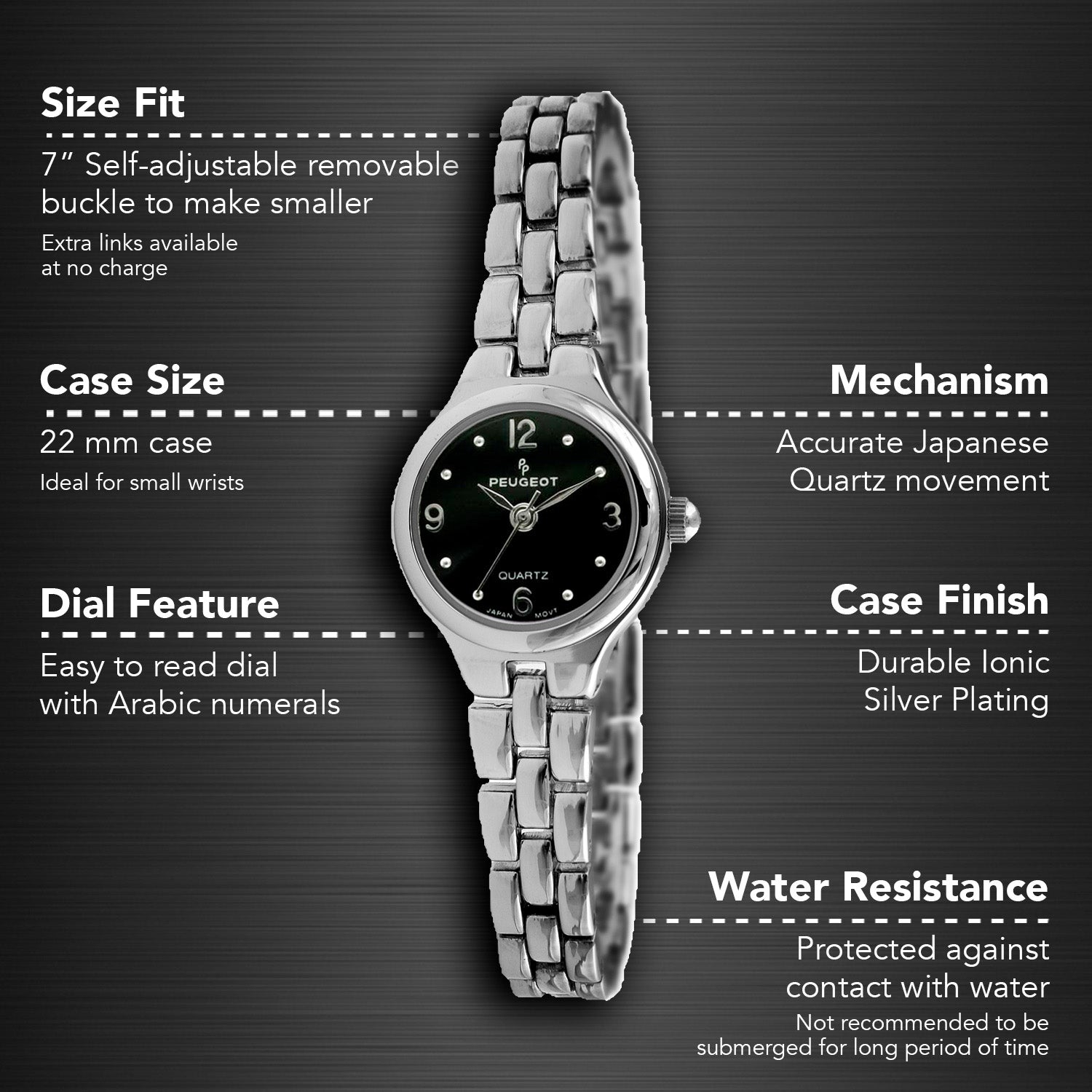 Women 22mm Round Silver Self-Adjust Link Bracelet Watch
