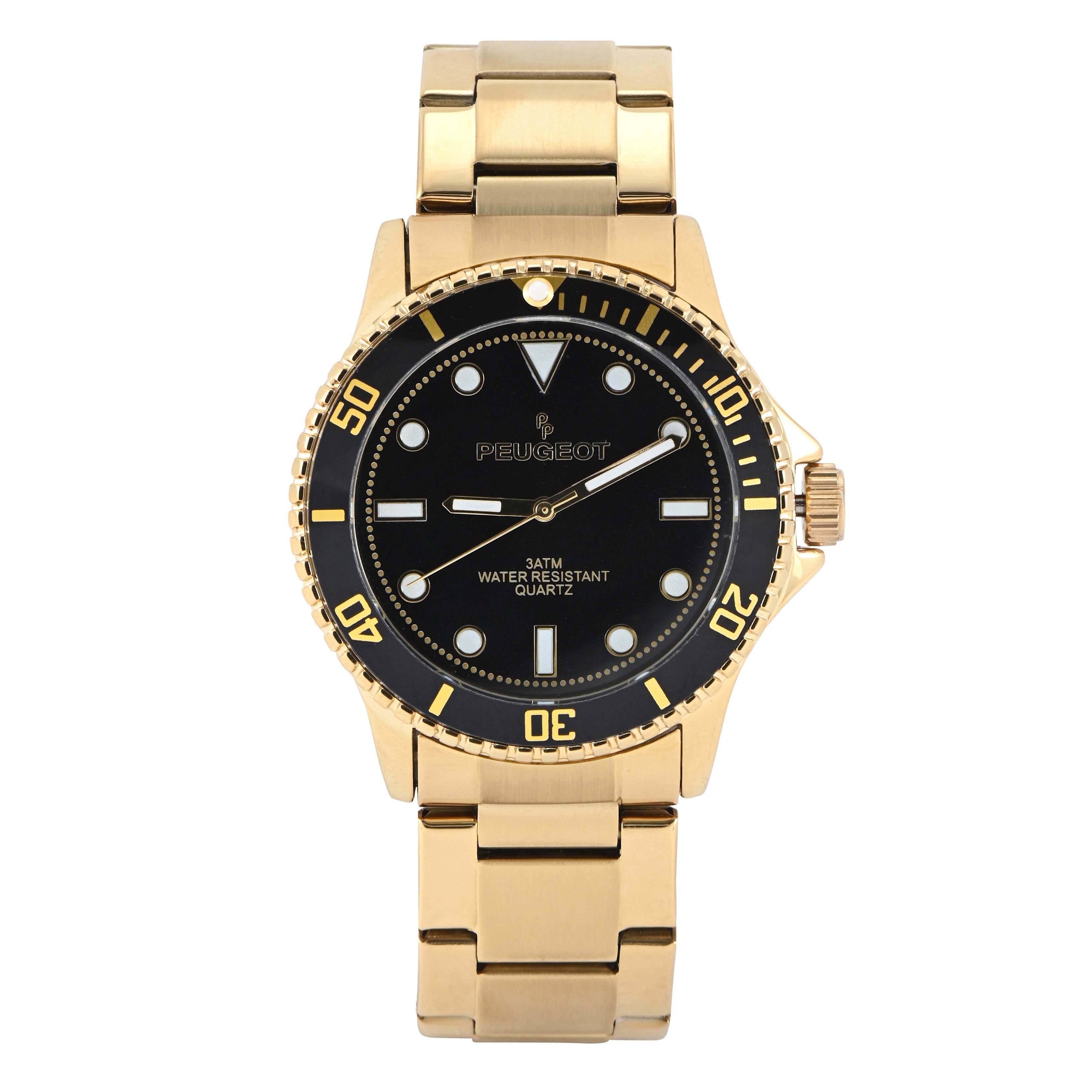 Peugeot Mens Watch Gold Sport Steel Bracelet with Black Dial