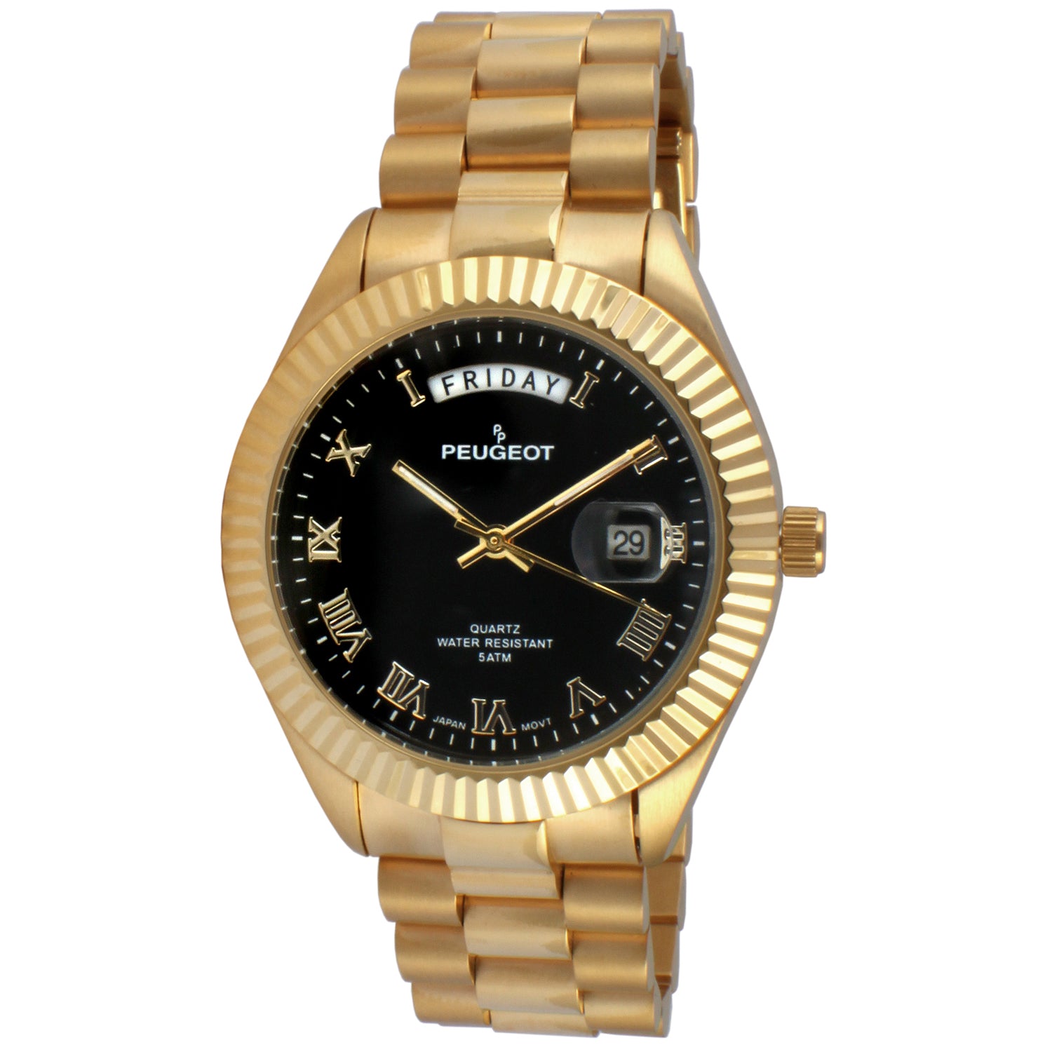 Men's 40mm Black Face Fluted Bezel Gold Bracelet Watch