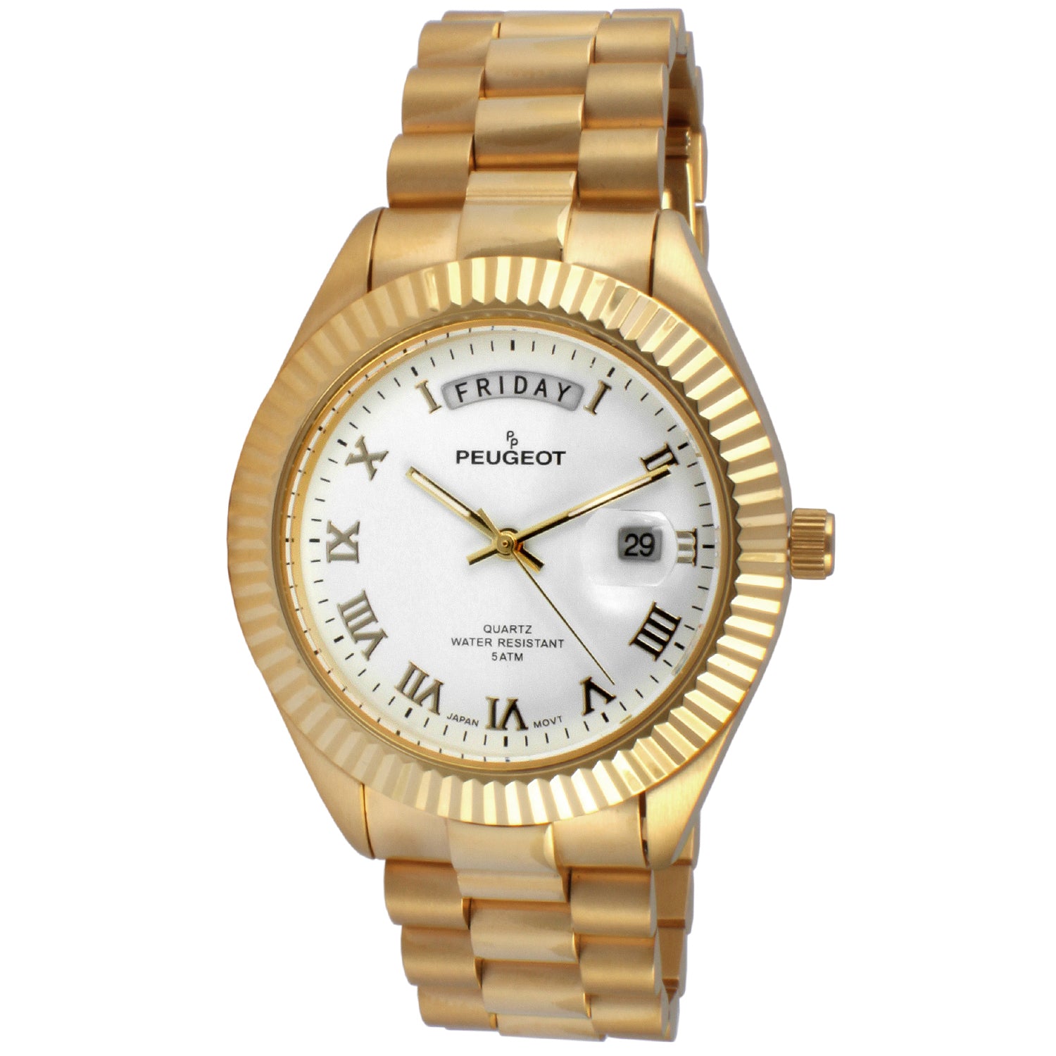Peugeot Men's Gold Bracelet Watch with Day Date and White Dial ...
