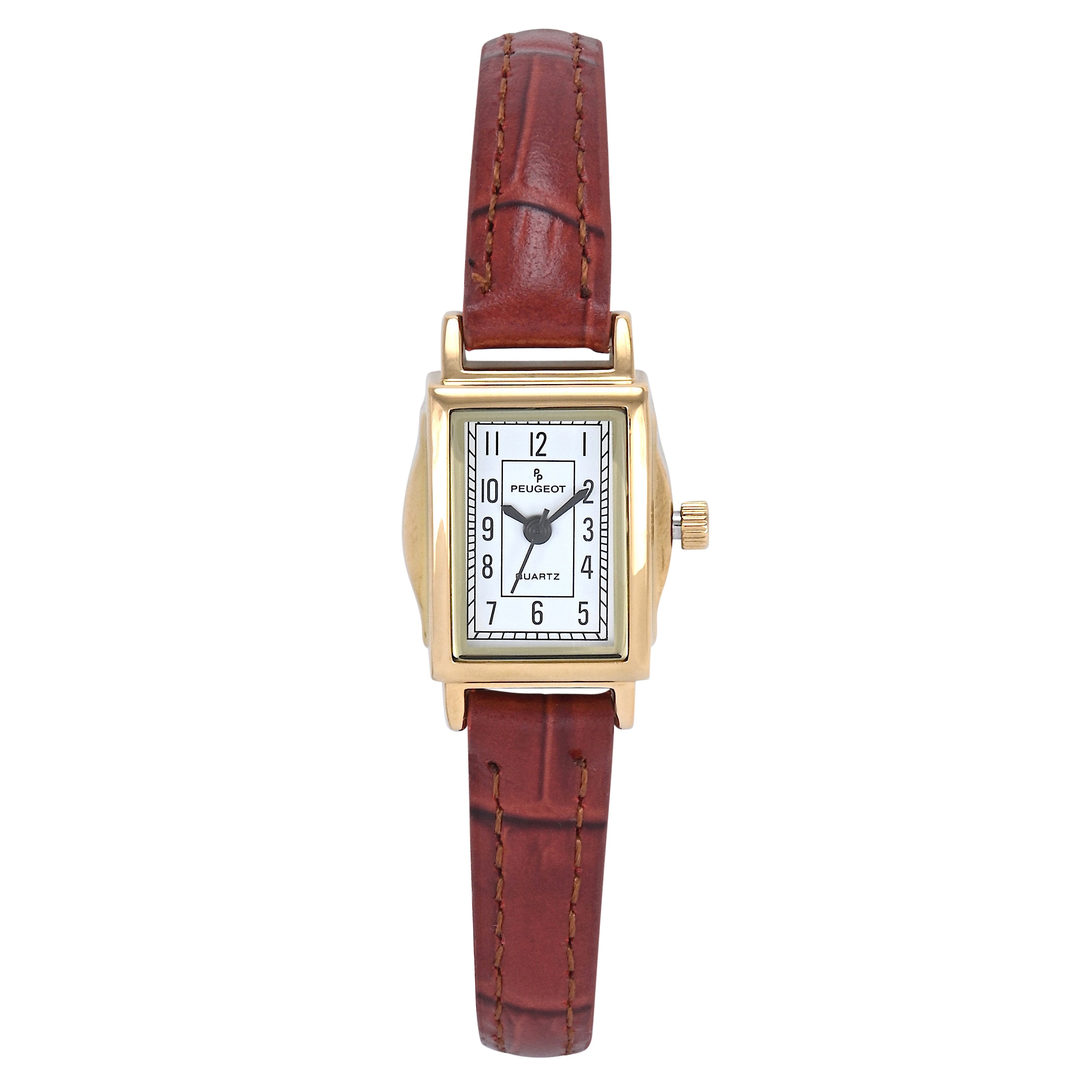 Women's Vintage 14K Gold-Plated Rectangular Small Face Watch with Brown Leather Strap