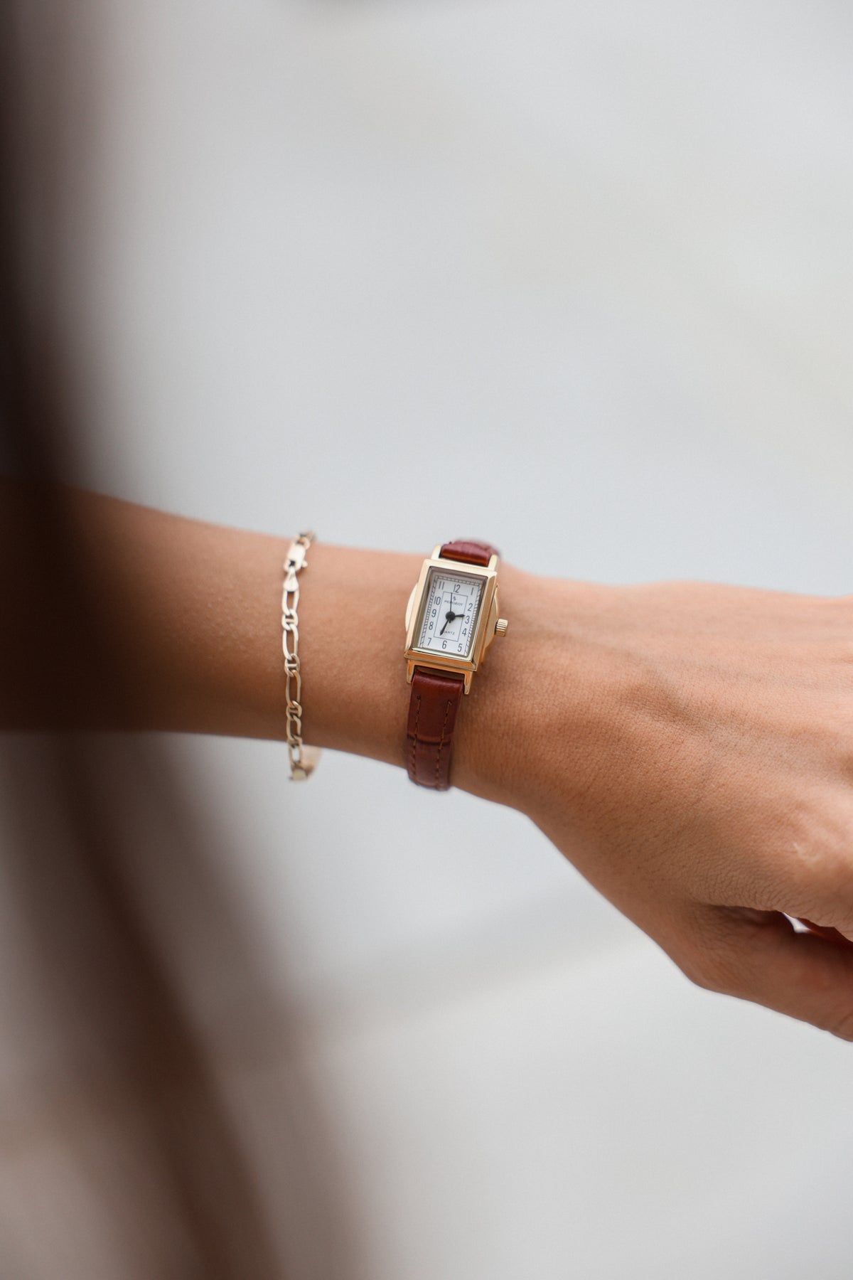 Women's Vintage 14K Gold-Plated Rectangular Small Face Watch with Brown Leather Strap