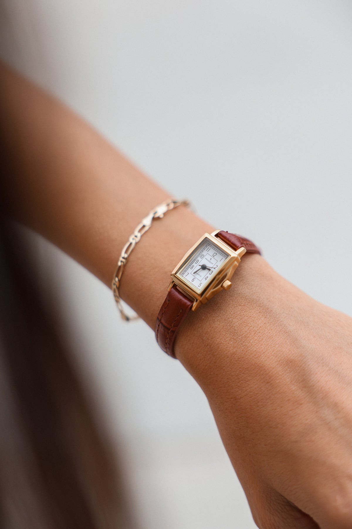 Women's Vintage 14K Gold-Plated Rectangular Small Face Watch with Brown Leather Strap