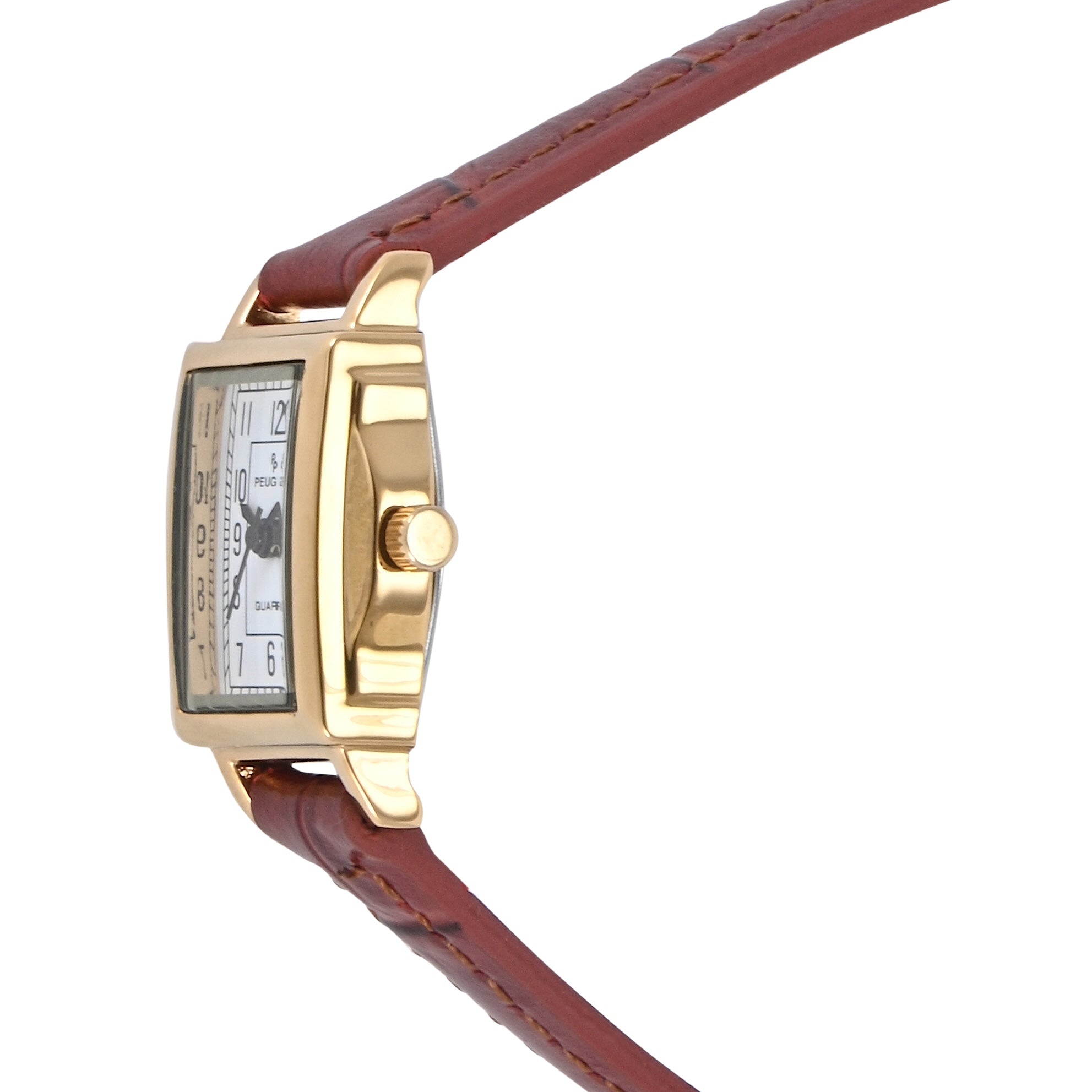 Women's Vintage 14K Gold-Plated Rectangular Small Face Watch with Brown Leather Strap