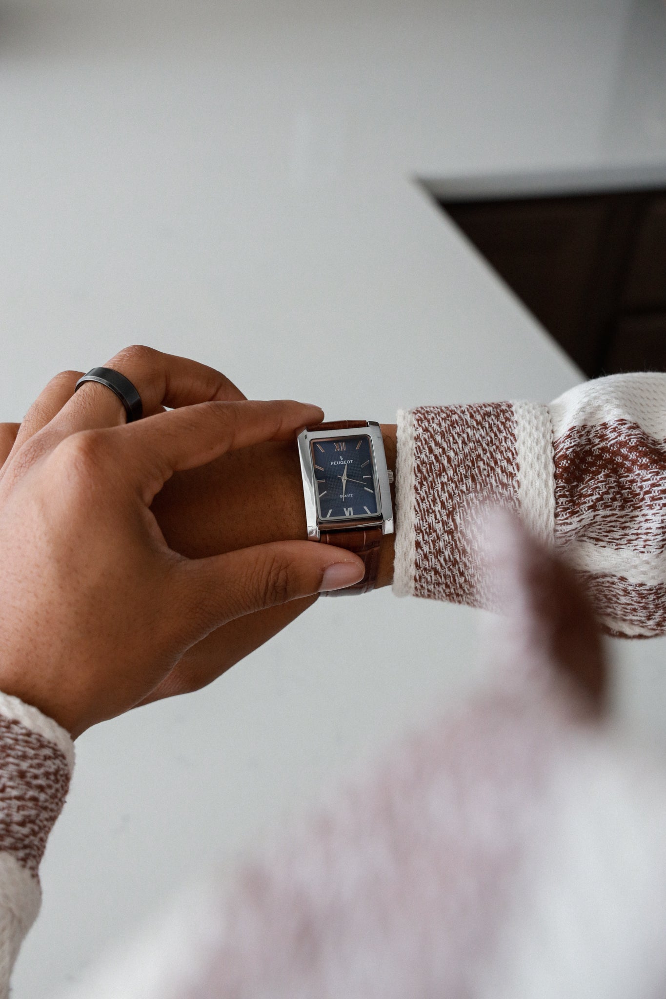 Men's 30X40mm Silver Tank Shape Watch with Blue Dial and Brown Leather Strap