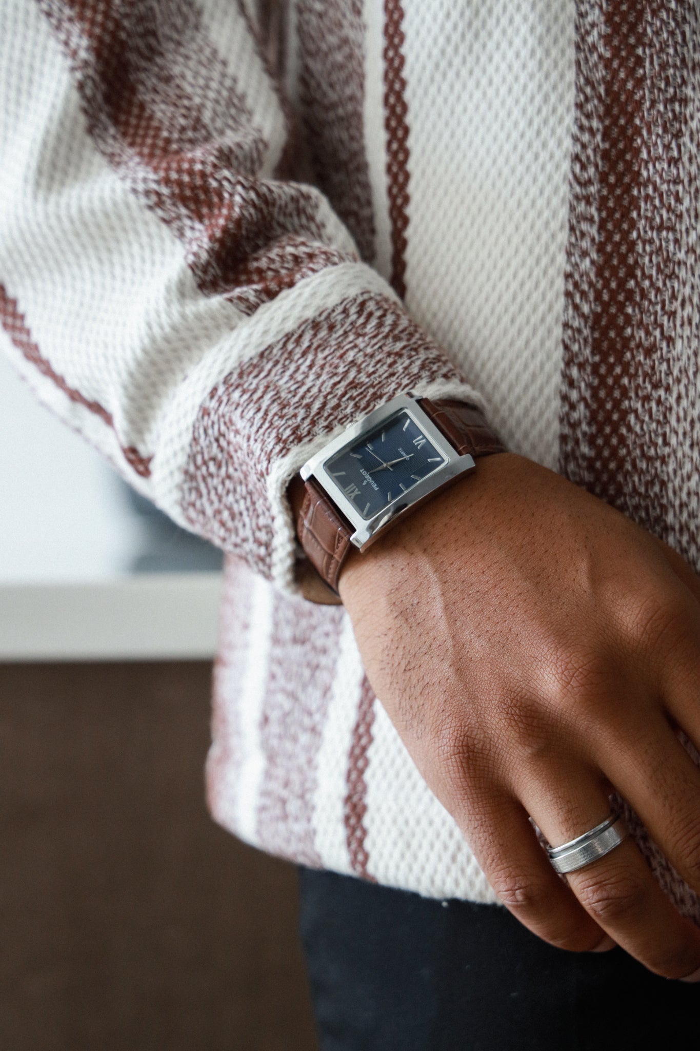 Men's 30X40mm Silver Tank Shape Watch with Blue Dial and Brown Leather Strap