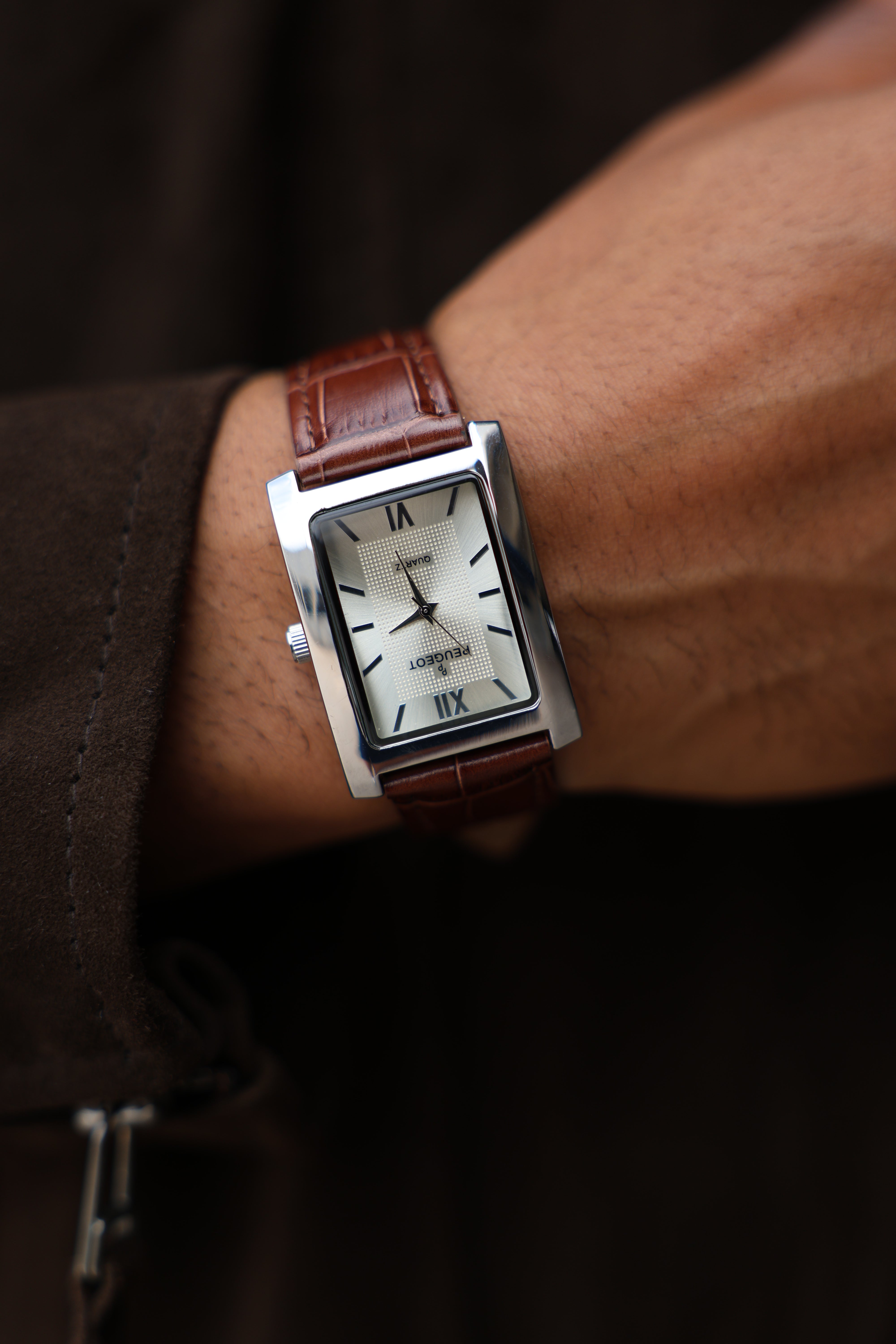 Men's 30X40mm Silver Tank Shape Watch with Textured Dial Brown Leather Strap