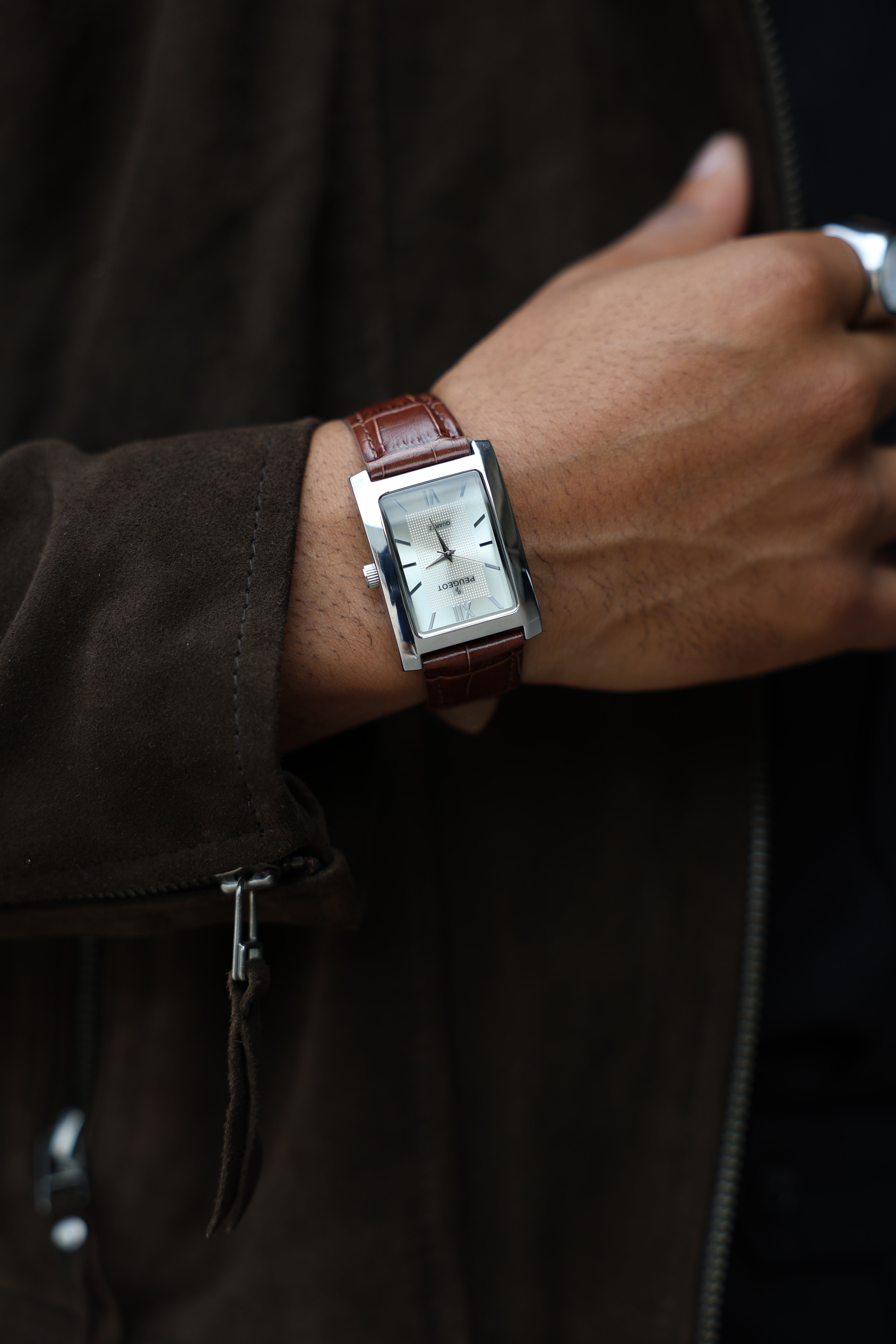 Men's 30X40mm Silver Tank Shape Watch with Textured Dial Brown Leather Strap