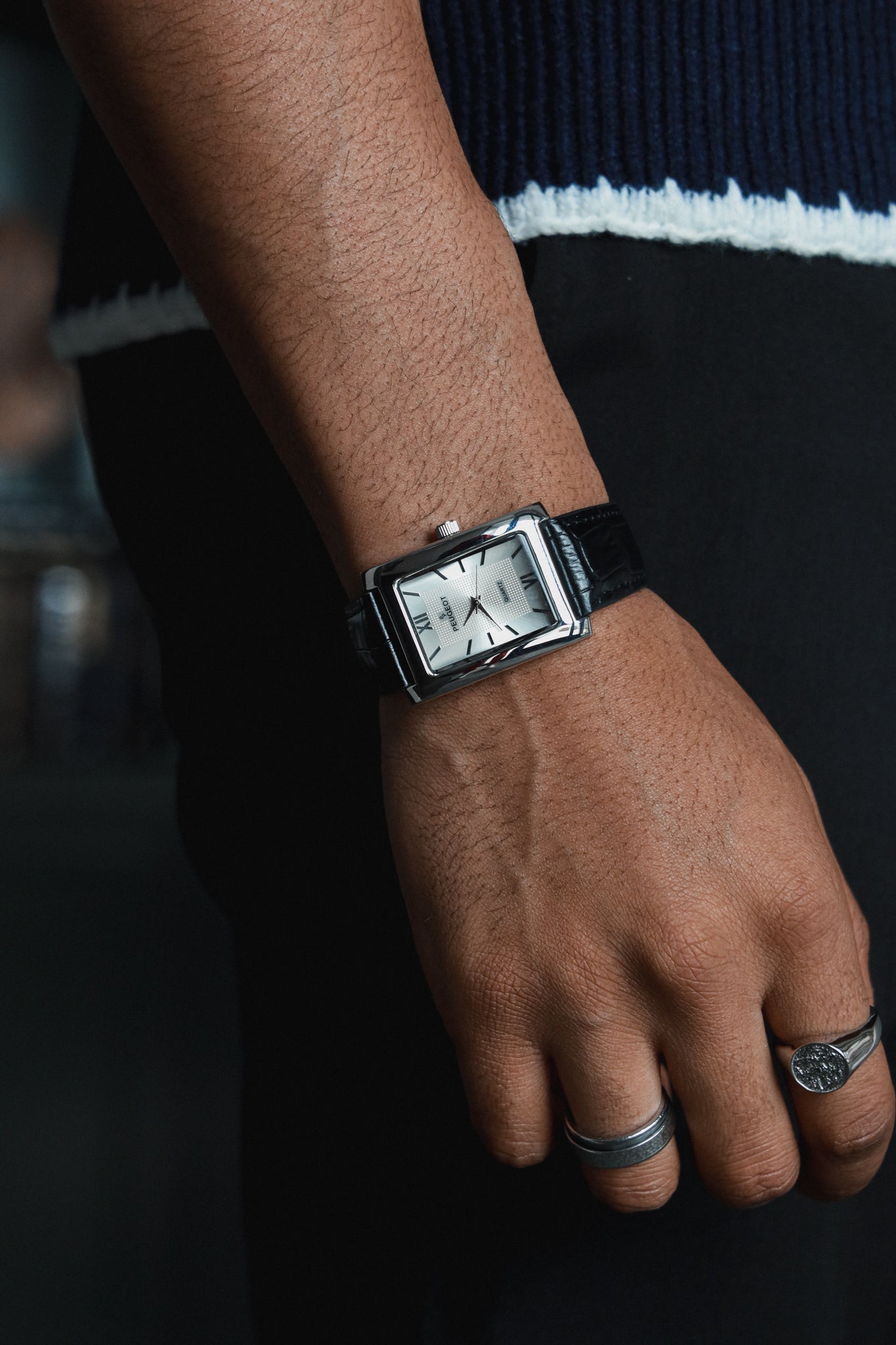 Men's 30X40mm Silver Tank Shape Watch with Black Strap