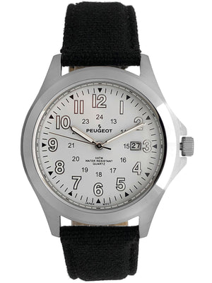 Men 40mm Military White Dial Calendar Watch with Canvas Strap