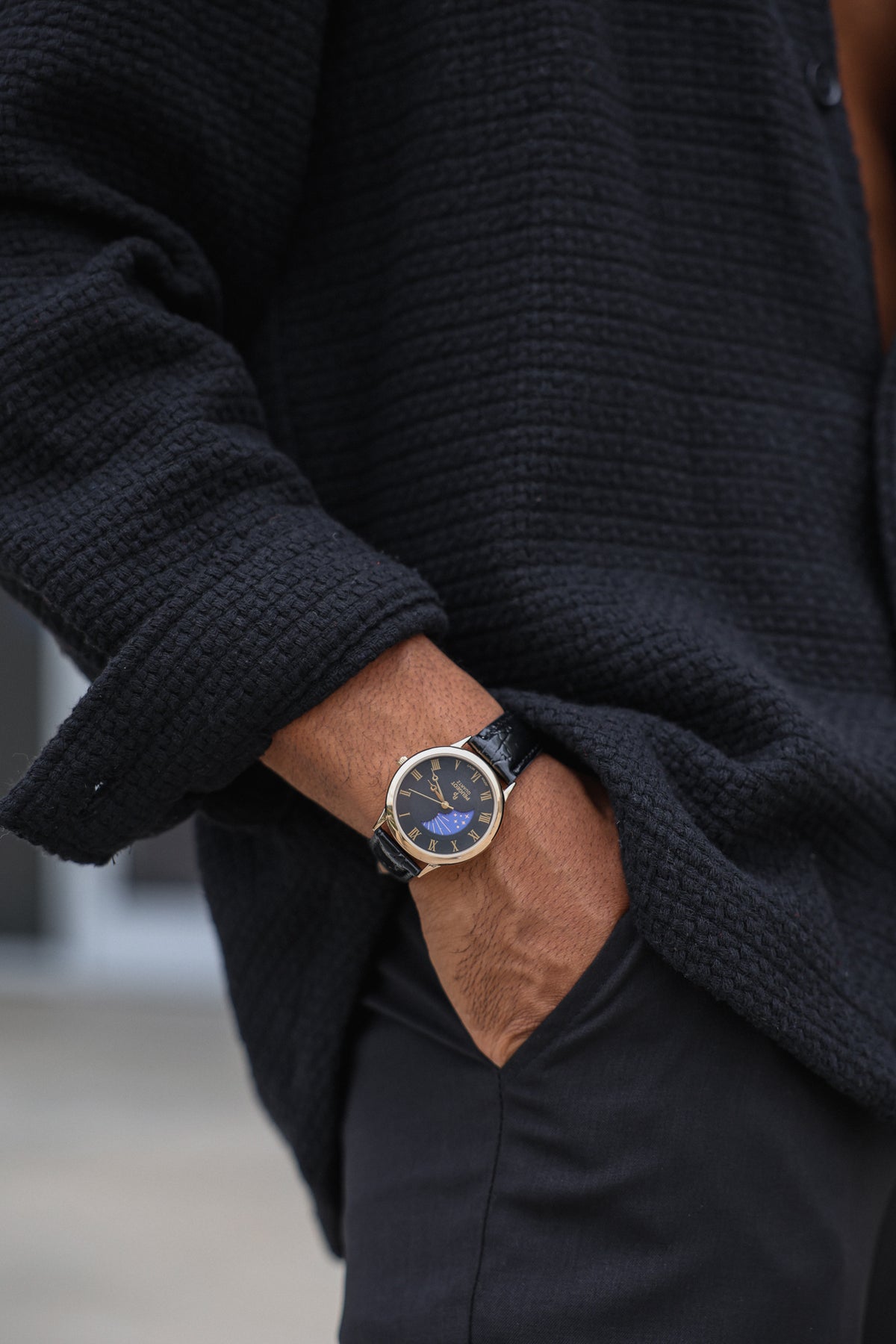Men's 38mm Black Dial Gold Case Sun-Moon Leather Strap watch
