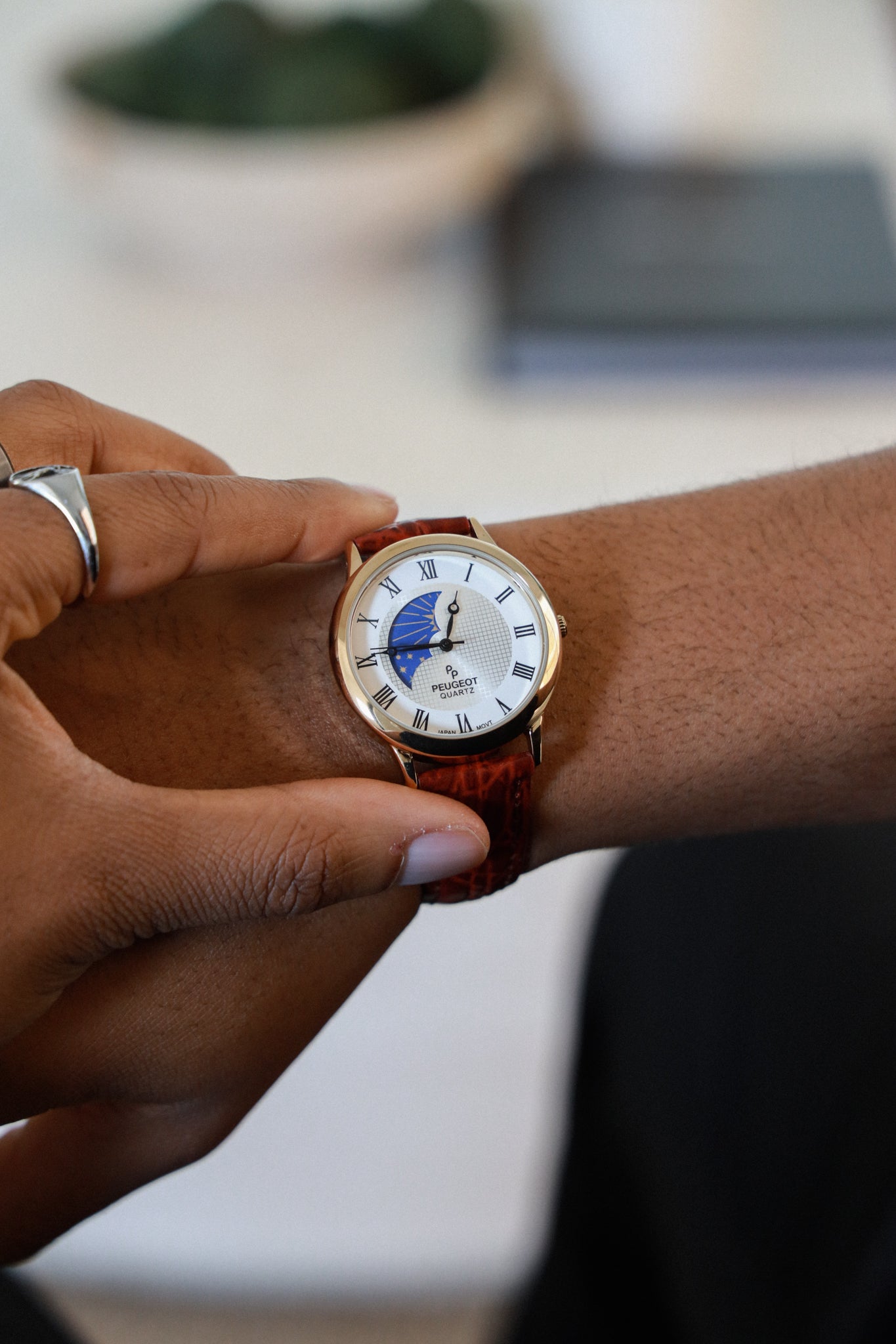 Peugeot Men's Vintage Moon Phase Dial with Leather Strap