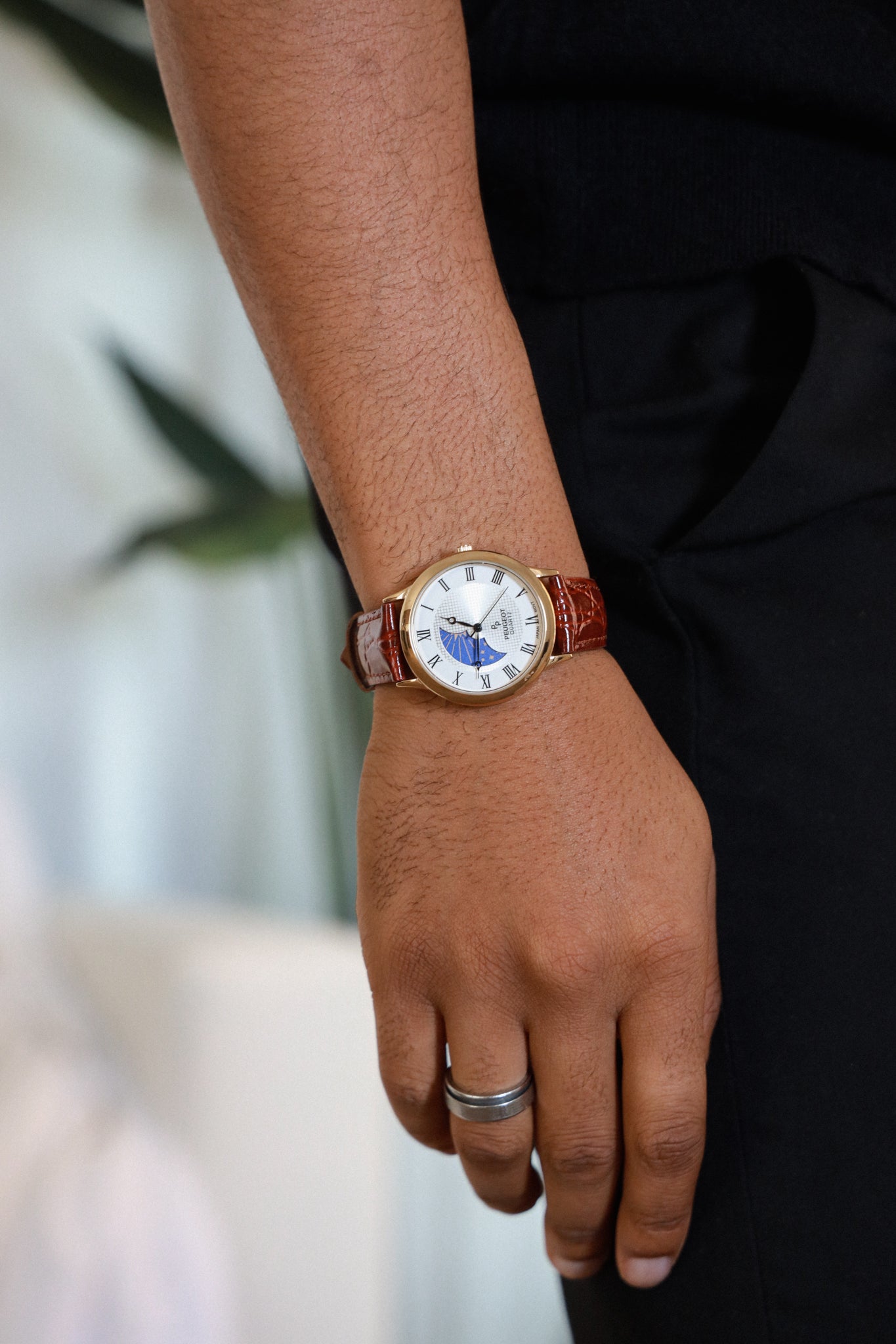 Peugeot Men's Vintage Moon Phase Dial with Leather Strap