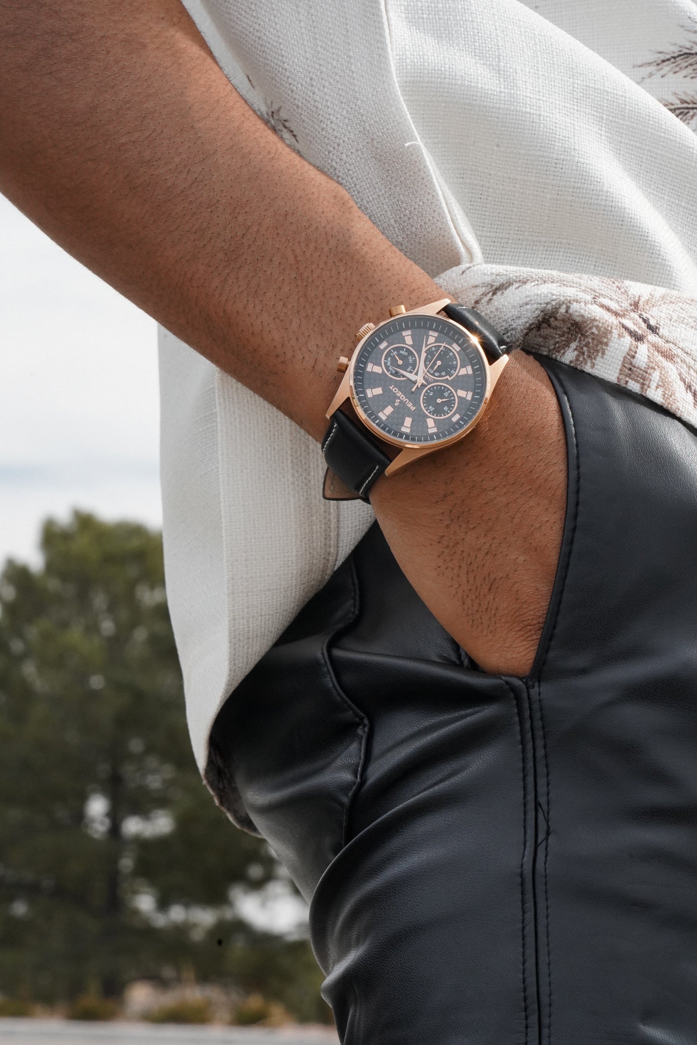 Peugeot Men Gold Plated Multi-Function Leather Strap Watch