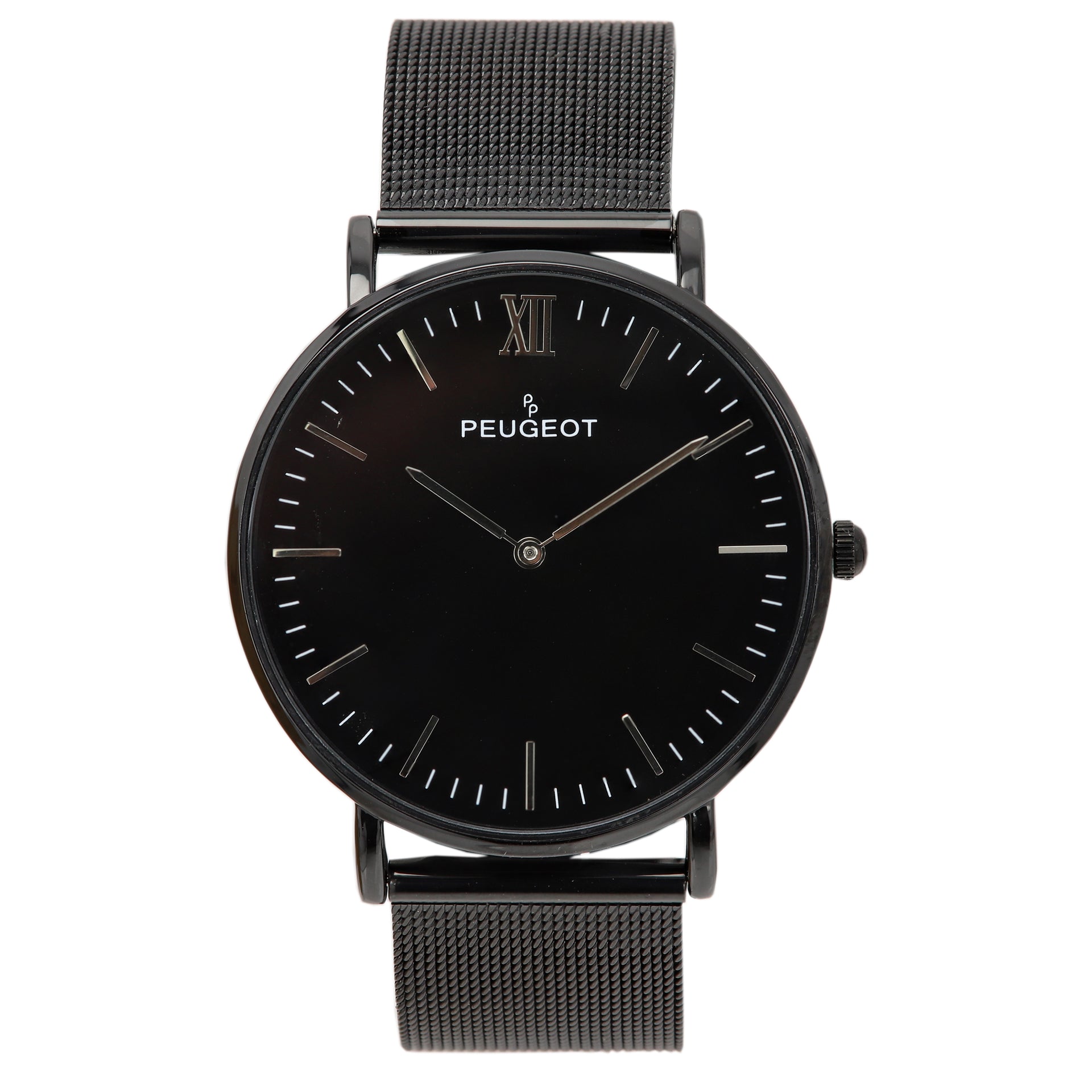 Peugeot Men's Watch Slim Thin Round Black with Black Mesh Band