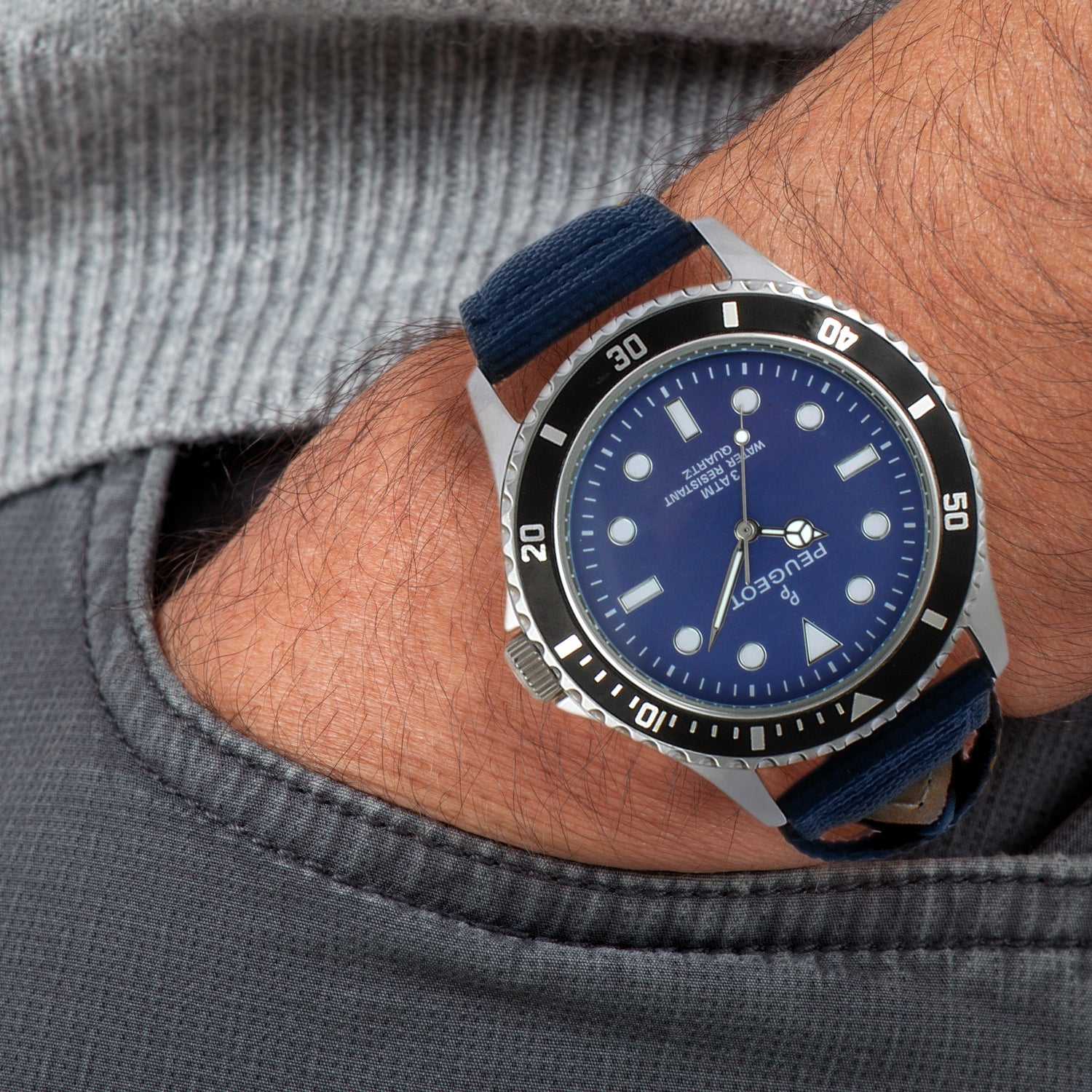Men's 42mm Sport Bezel Watch with Blue Dial and Canvas Strap