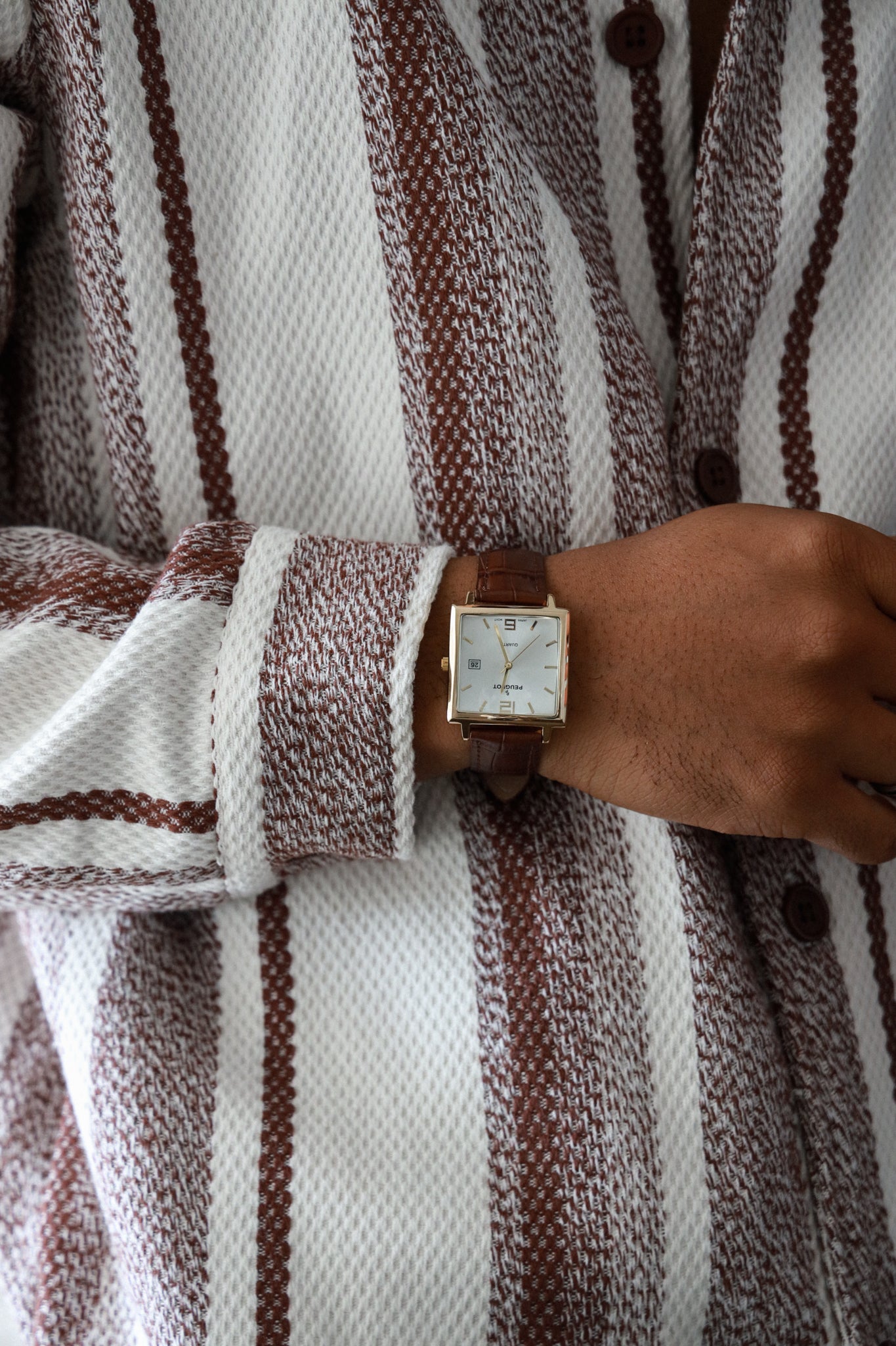 Men's 35mm 14K Gold Plated Square Watch with Brown leather Strap