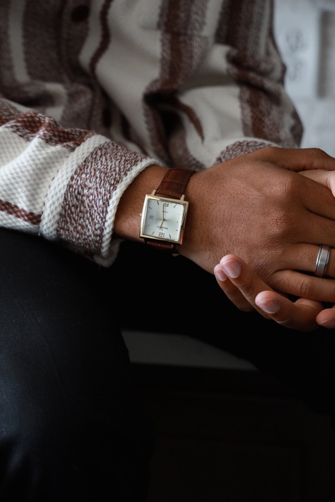 Men's 35mm 14K Gold Plated Square Watch with Brown leather Strap