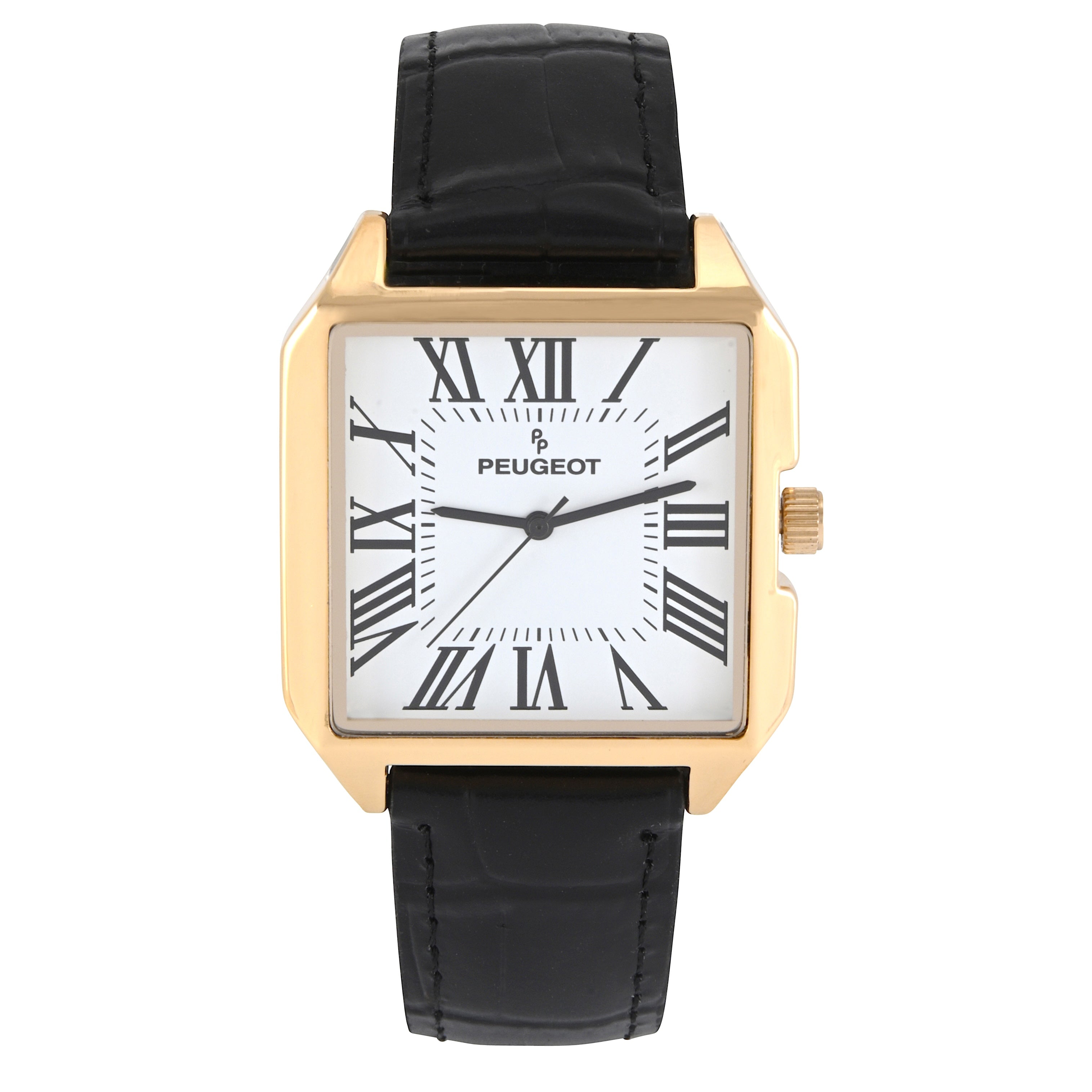 Men's 14K Gold-Plated Square Vintage Dress Watch with Roman Numeral Dial and Black Leather Strap