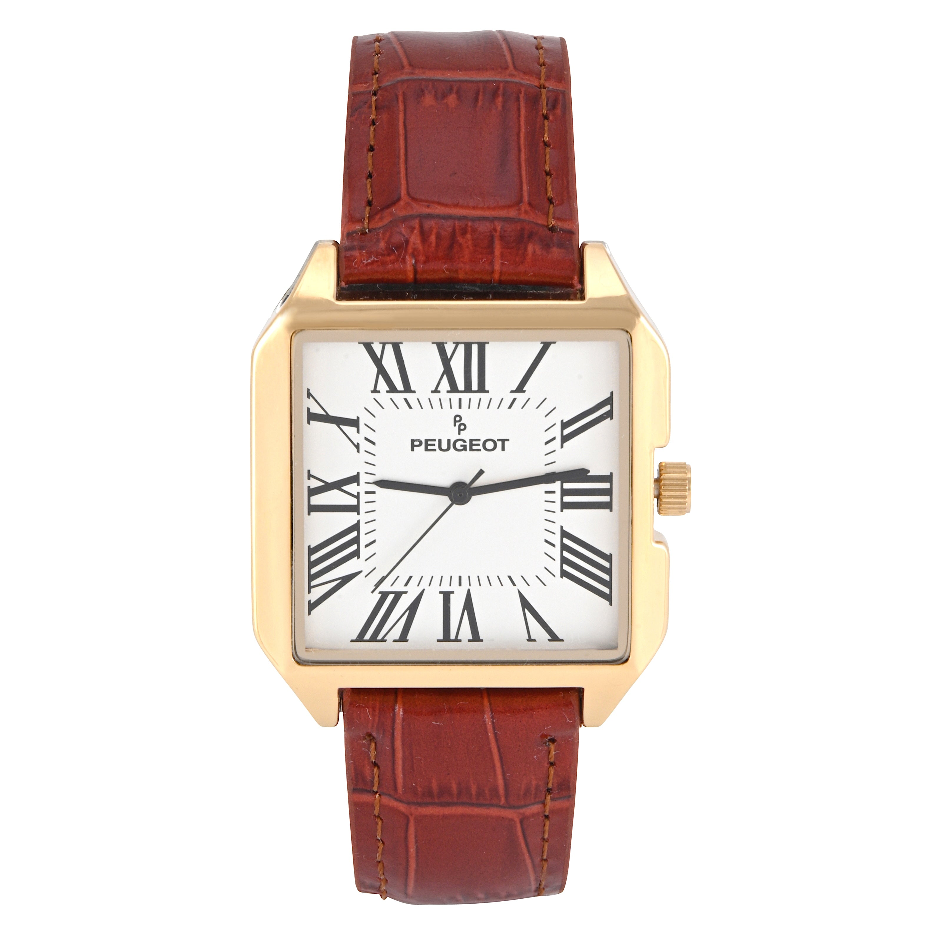 Men's 14K Gold-Plated Square Vintage Dress Watch with Roman Numeral Dial and Brown Leather Strap
