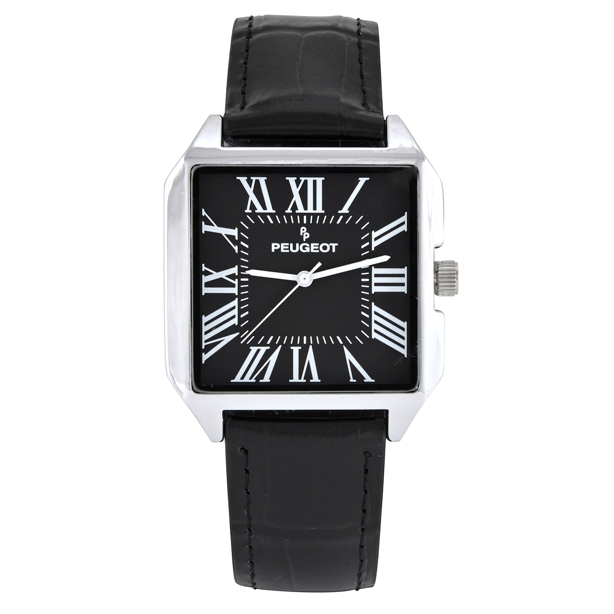 Vicence 925 Sterling silver square black leather dress watch NEW BATTERY Peugeot Men main image 3