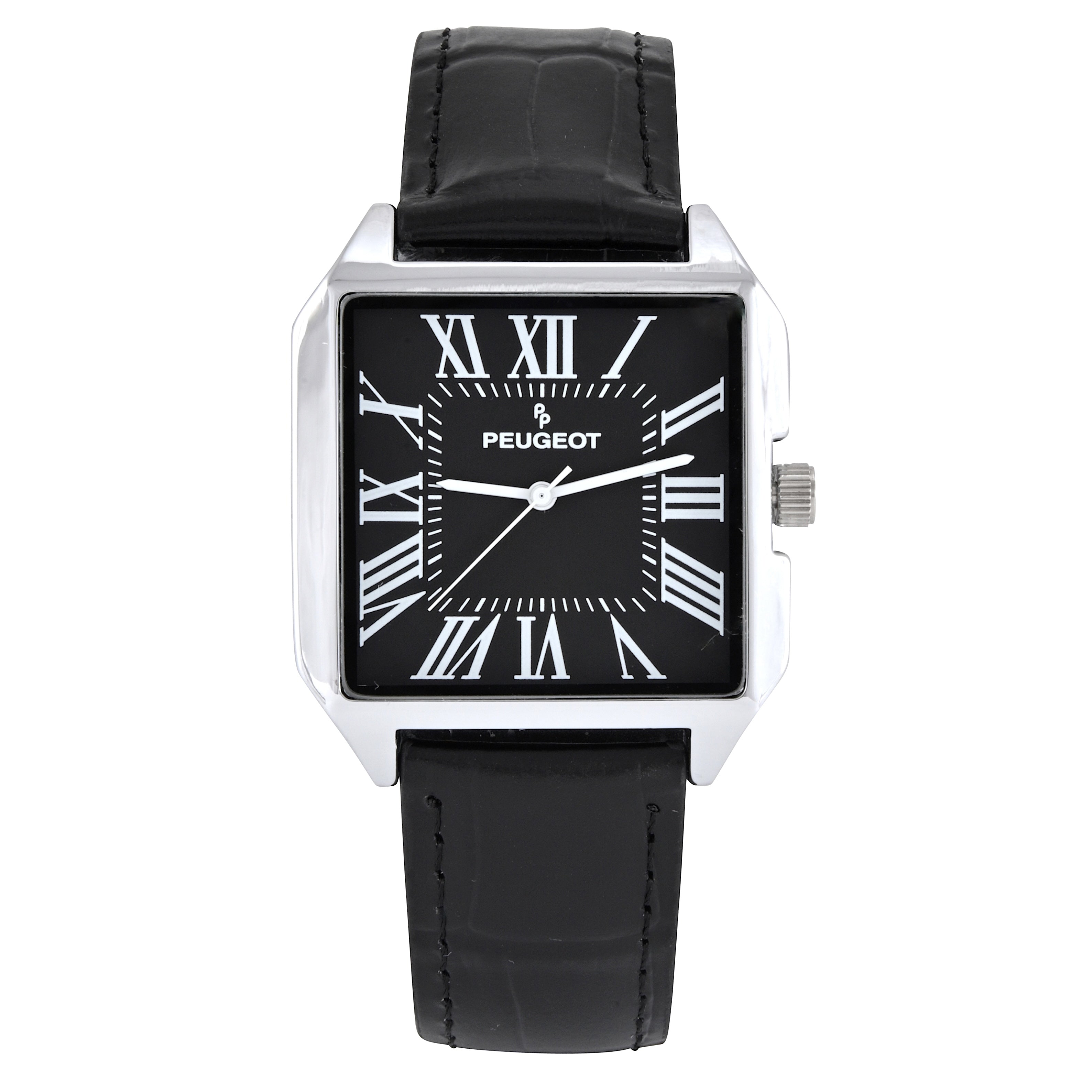 Men's Black Dial Square Vintage Dress Watch with Roman Numeral Dial and Black Leather Strap