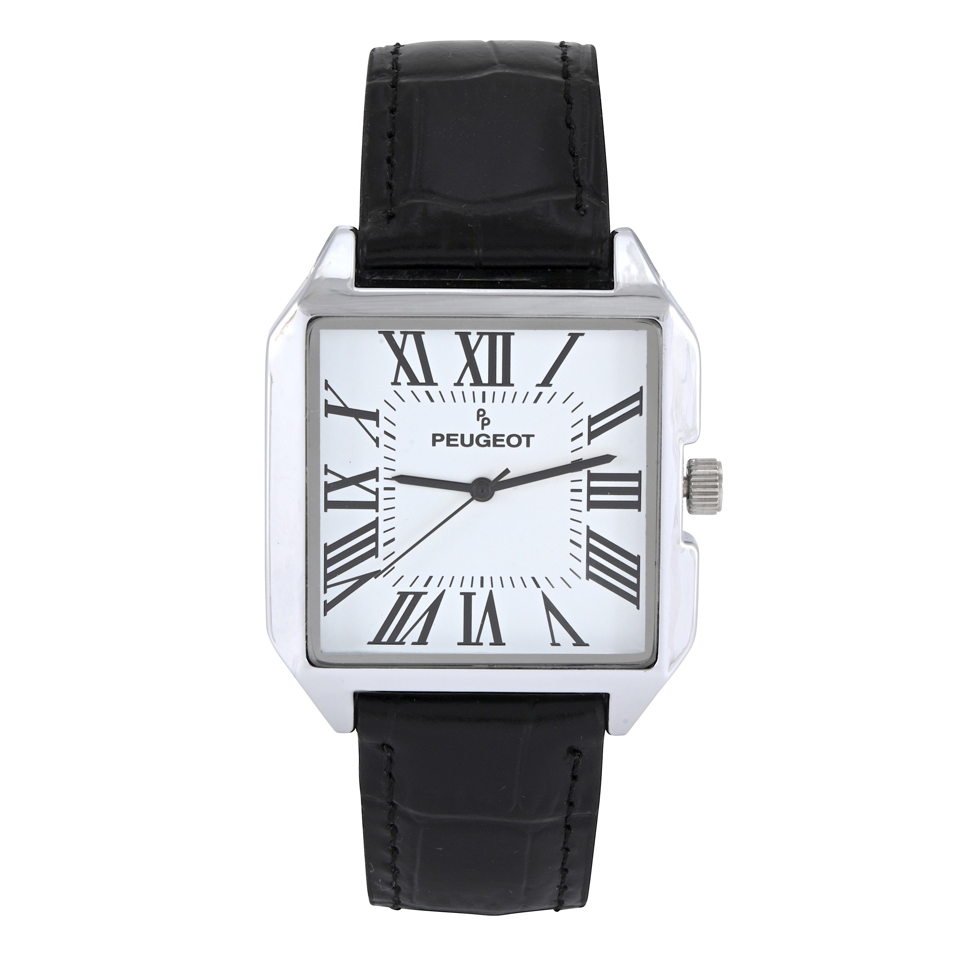 Men's White Dial Square Vintage Dress Watch with Roman Numeral Dial and Black Leather Strap