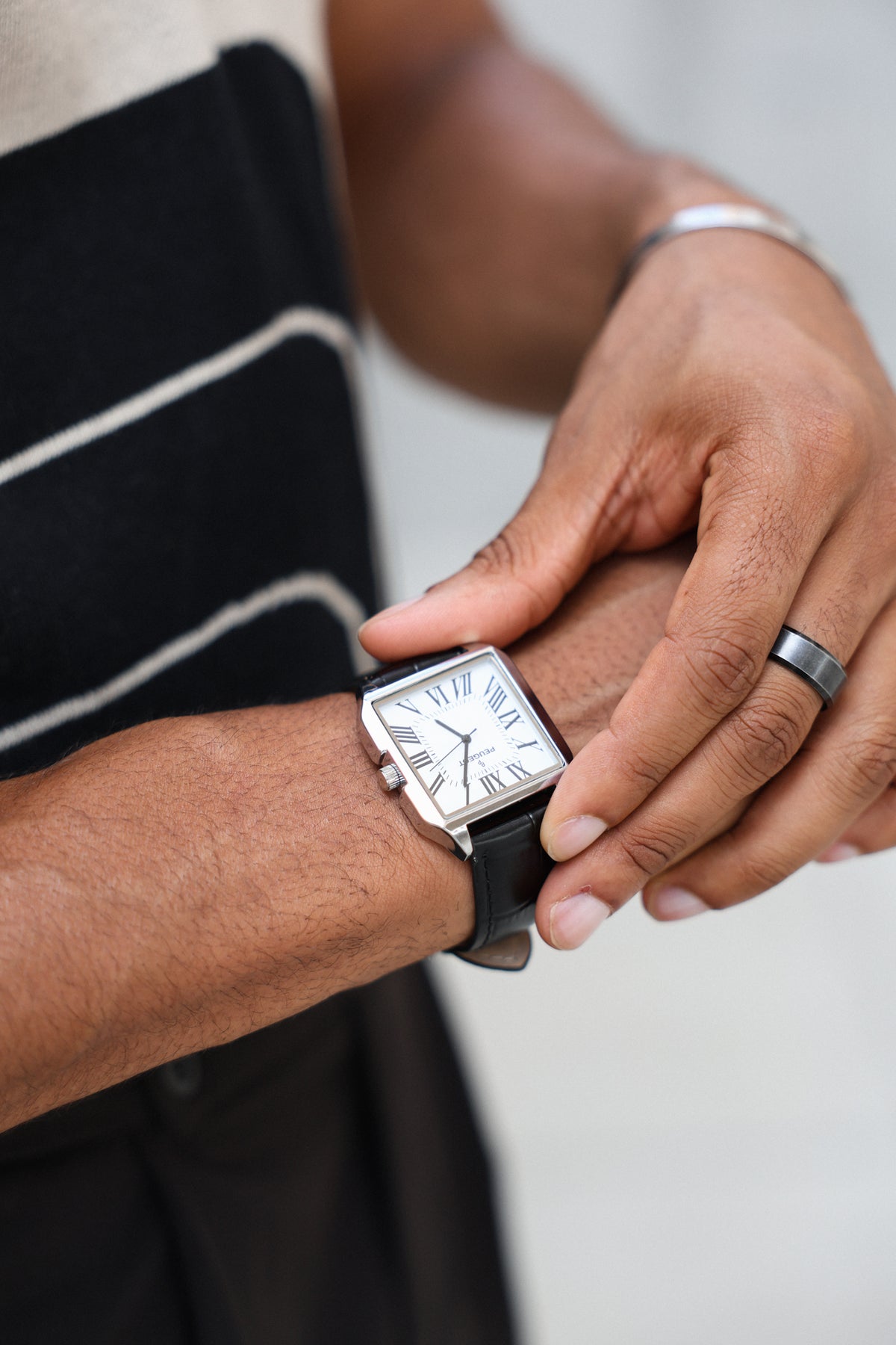 men's leather dress watch Peugeot White Dial Square Vintage with Roman Numeral Dial and Black Strap akeneoPublishedDate:number:1777497788