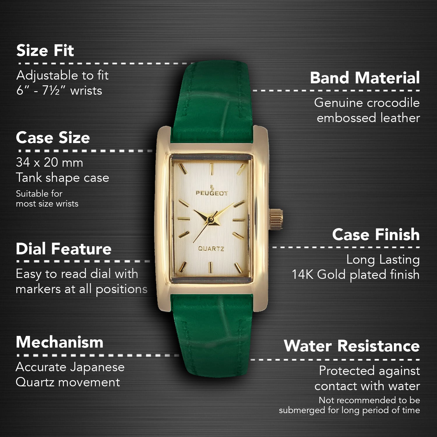 Women's 34x20mm Contour Dress Watch Green Leather Strap