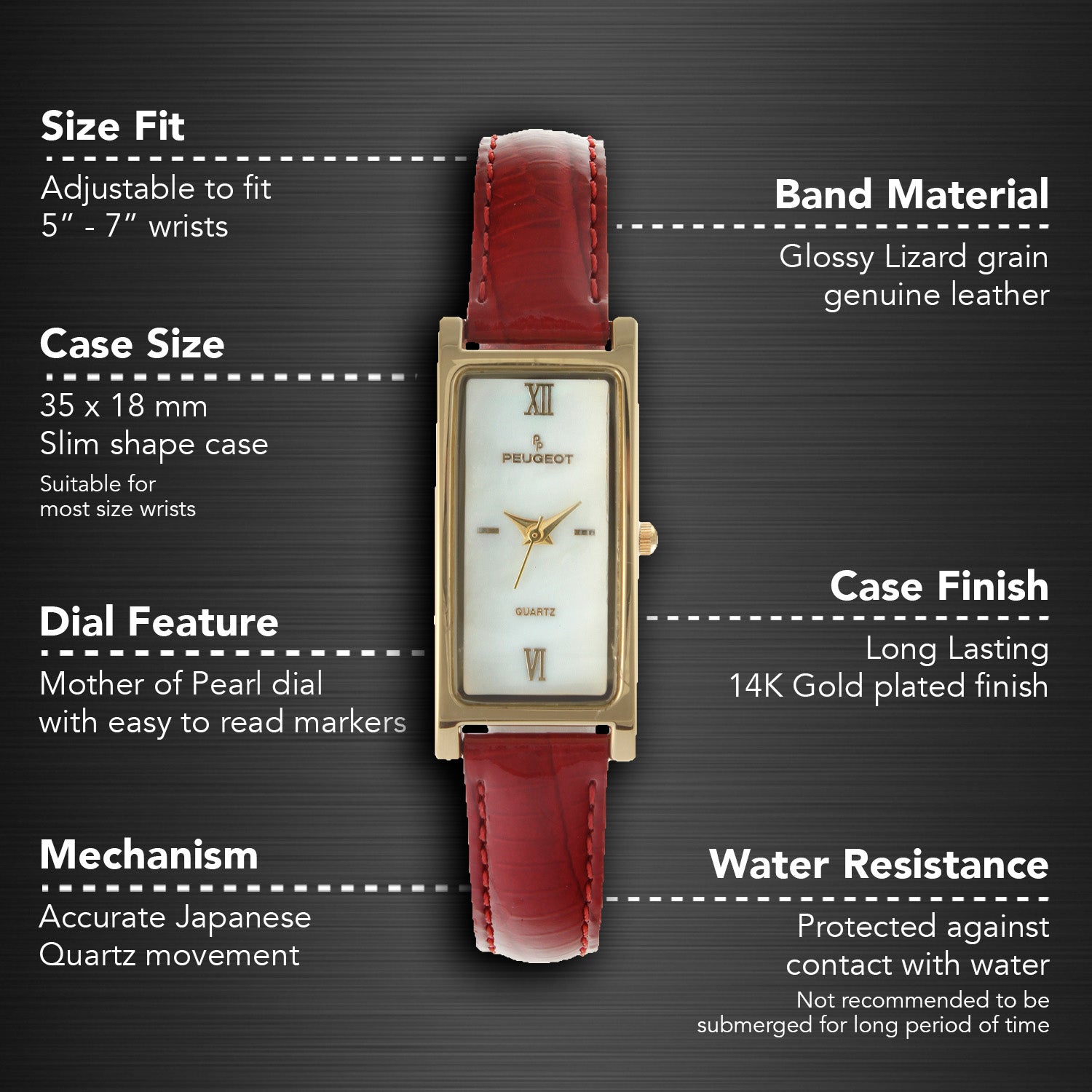 Women's 35x18mm Watch Glossy Red Leather Strap