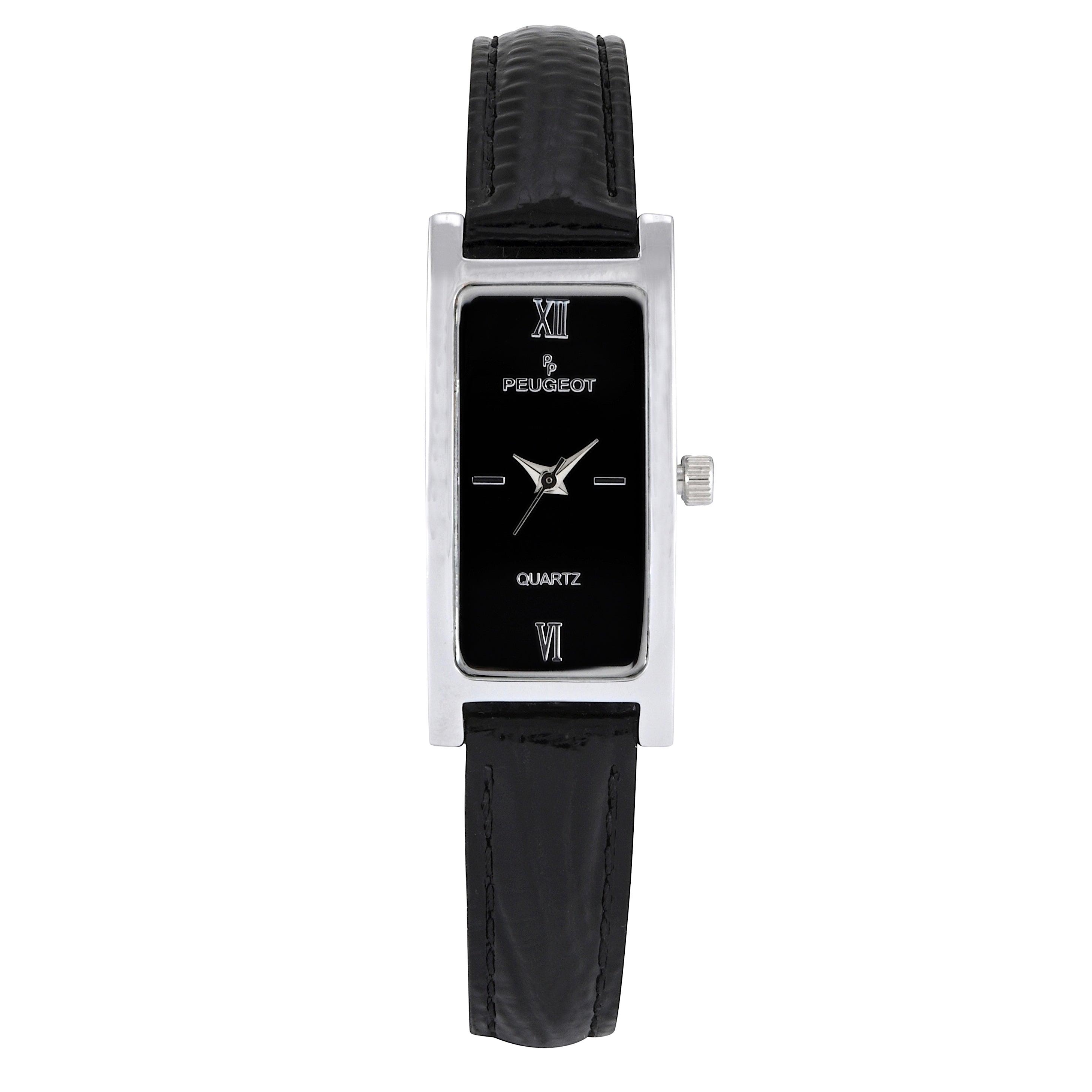 Womens 36x18mm Black Dial Watch with Glossy Black Leather Strap
