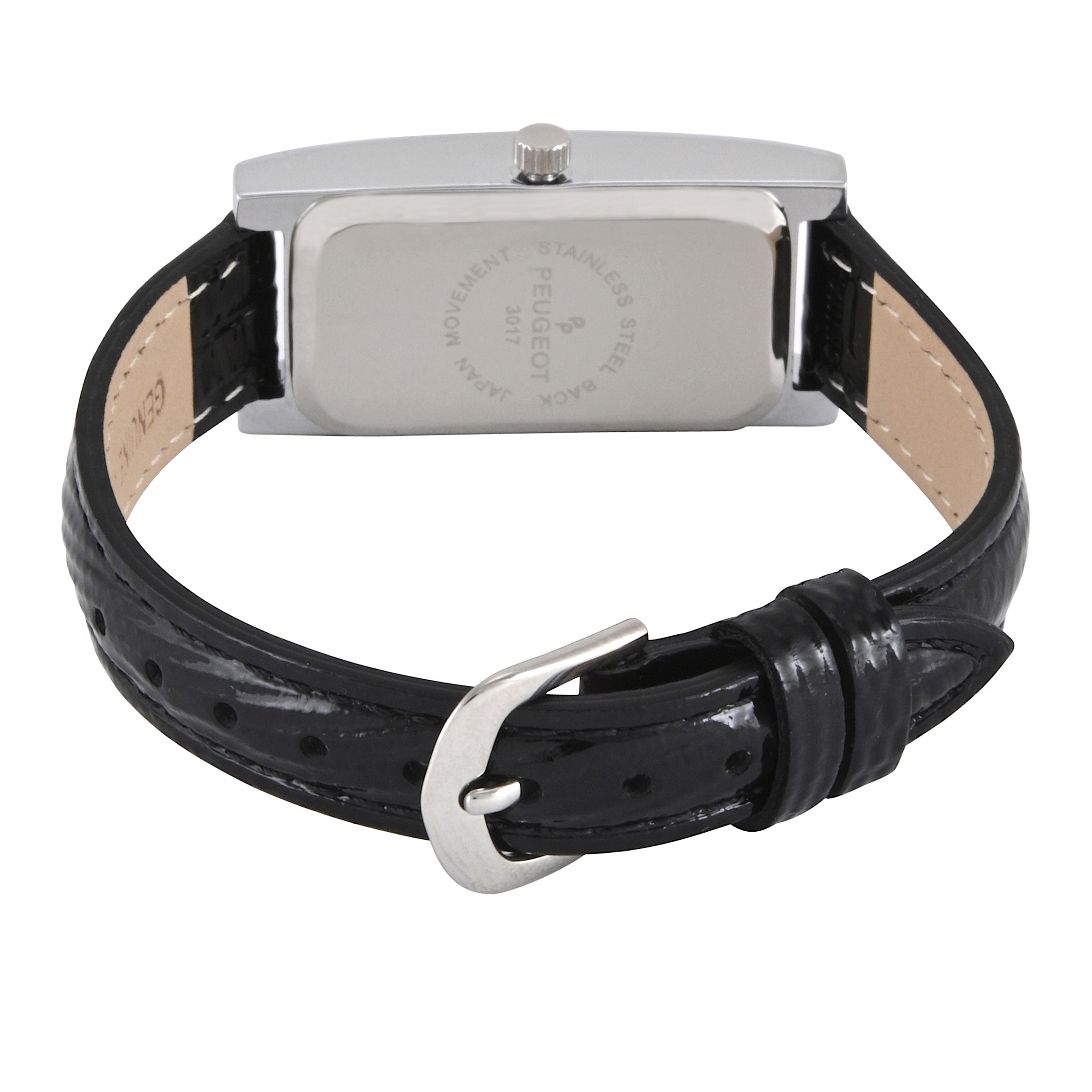 Womens 36x18mm Black Dial Watch with Glossy Black Leather Strap